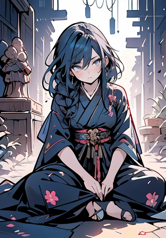 neon light, a beautiful girl wearing intricate detailed black kimono holding an iridescence glowing katana, made of liquid metal, in a fantasy art style, with long dark blue hair, sitting on the ground covered in bioluminescence floral, with a highly detailed face and beautiful eyes in the style of WLOP and Krenz Cushart, Artgerm, j.c leyendecker, Greg Rutkowski, Alphonse Mucha, with a hyper realistic, cinematic lighting