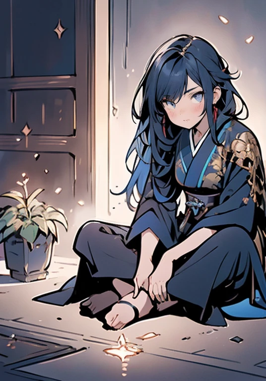 neon light, a beautiful girl wearing intricate detailed black kimono holding an iridescence glowing katana, made of liquid metal, in a fantasy art style, with long dark blue hair, sitting on the ground covered in bioluminescence floral, with a highly detailed face and beautiful eyes in the style of WLOP and Krenz Cushart, Artgerm, j.c leyendecker, Greg Rutkowski, Alphonse Mucha, with a hyper realistic, cinematic lighting