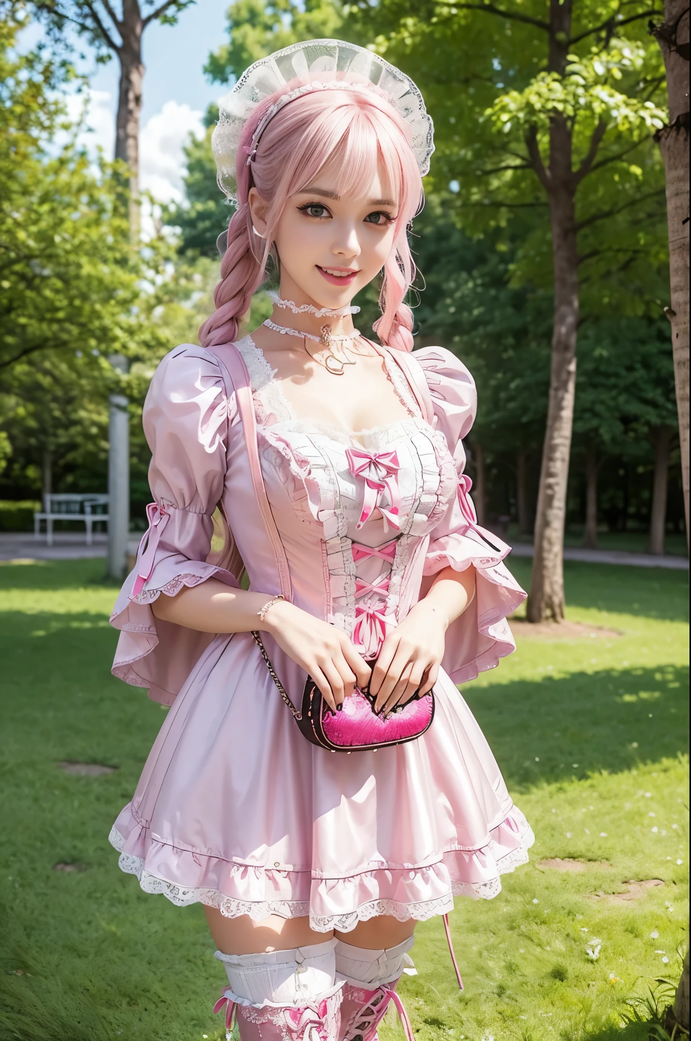 sexy stylish Swedish model, only 1 female, ((doll-like appearance)), long neon pink stylish hair, ((shiny Victorian-Style boots)), (big smile), ultra detailed eyes, very detailed eye makeup, lipgloss, long lashes, defined eyebrows, ((sexy Sweet ta cosplay)), bell-shaped skirt, petticoats, high neckline, puffed sleeves, ((ultra detailed lace)), ((ultra detailed embroidery)), intricate details, animals, fairy tales, heart-shaped bag, Sweet Loliccessoires, large bow, Sweet Lolita cr, ((large sparkling Sweet Lolita jewel, cinematic light, detailed large park background with trees