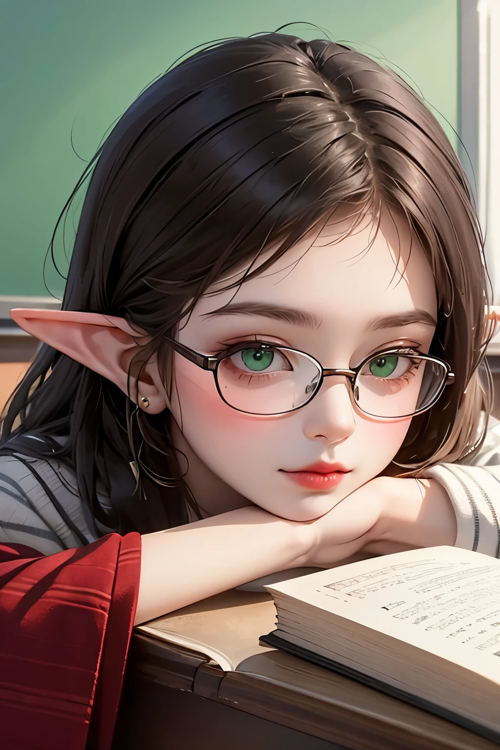 ((best quality)), ((masterpiece)), (detailed), perfect face, brown hair, long hair, short elf ears, glasses, green eyes, girl and teacher, in classroom, book in hand