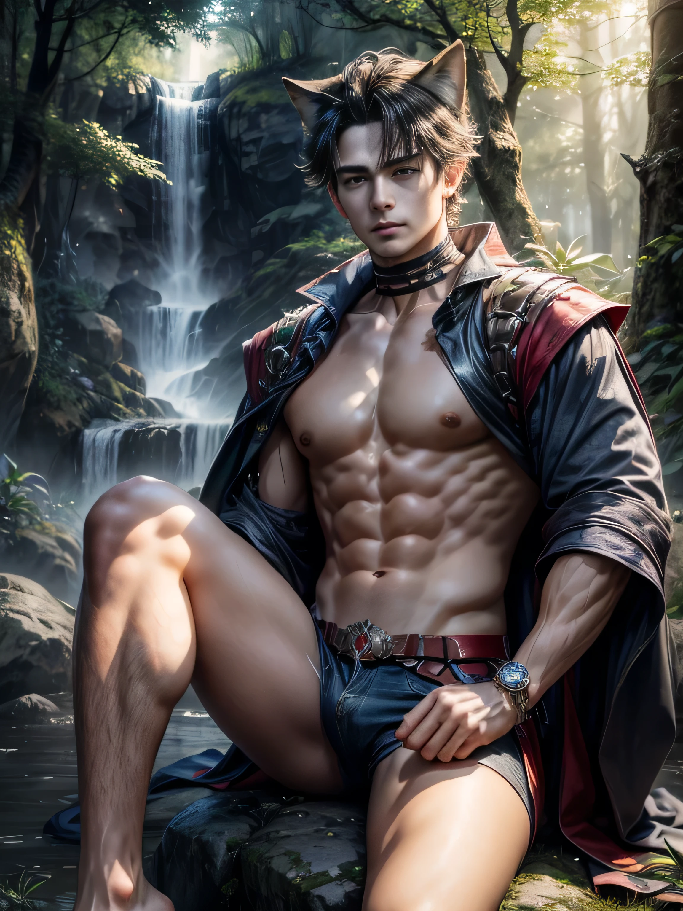 (Best quality, 8K, masterpiece, HDR, soft lighting, perfect image, realistic, Bright), Fox guy sitting on a stone in a forest with a waterfall, landscape with a mountain waterfall in the background, handsome man, he has beautiful blue eyes and a kind smile, black hair, naked torso with developed body, (Fantasy ultra high quality art, latest fantasy), masterpiece, Ultra high quality male and female character designs, anime art with 8k development, realistic anime art, wallpaper illustrations of the highest quality, complex ultra high quality accurate faces of male characters, high quality design and precision physics (ultra high quality fantasy style)), art, dark fantasy)) Style), Masterpieceы, super quality characters, resolution anime - 8k, realistic anime art, highest quality wallpaper illustration, Ultra-high facial detail, high-quality design and physics accuracy), by color, depth of field, to the shadows, ray tracing, high quality and production of computer wallpapers in 8K resolution, Ethereal Fox, meditates, artistic 8k, Calm facial expression, 8k art, meditation pose, zen meditation cyberpunk, fantasy love fox, Dark Fox Mage, (Accurate simulation of the interaction of light and material)], [Carefully detailed hair [Read more about beautiful and shiny hair]], (Perfectly detailed hands [perfect fingers [Beautiful nails]], (Perfectly detailed legs and feet [perfect fingers [Beautiful nails]], (perfect anatomy (perfect proportions)) [[ Look at full growth]], [Ideal color coordination (Accurate simulation of the interaction of light and material)], [art, conveying the meaning of history]