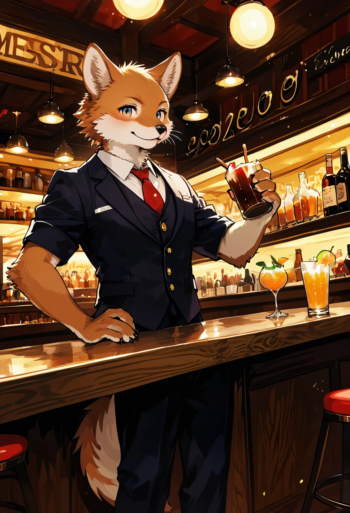 top quality, best quality, High-quality illustrations, masterpiece, super high resolution, detailed background, bartender, bar, cocktail, absurdres, perfect anatomy, expression, good lighting, cinematic shadow(kemono, furry anthro)dynamic angle,
