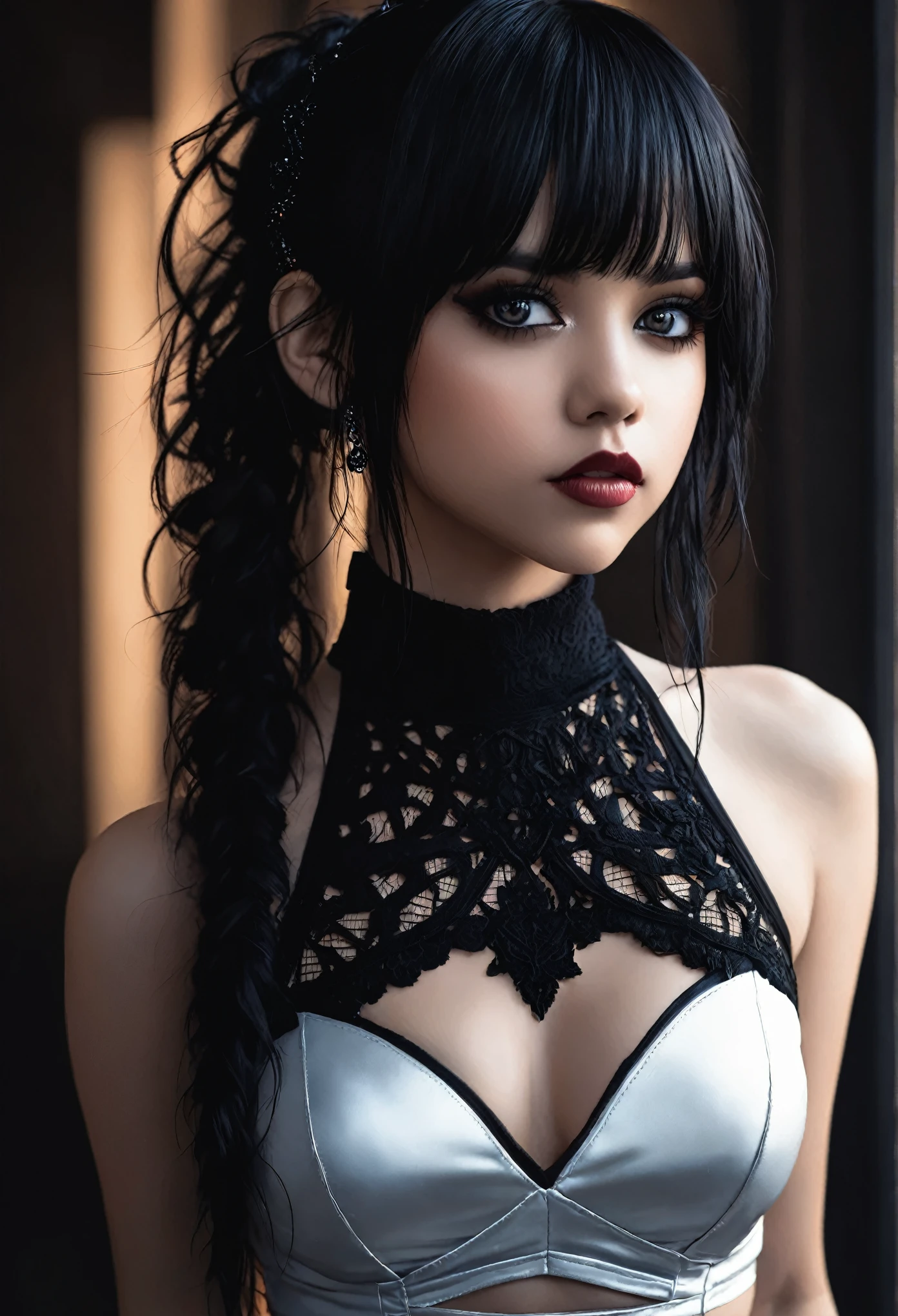 Jenna Ortega mit schwarz-rotem Kleid und schwarzem Spitzentop, niedliches Gesicht. Dunkle Fantasie, with black pigtails, im Stil von Ross Tran, Detailgenauigkeit, beautiful, detailliertes Gesicht, extra langes Haar, ein geflochtener Pferdeschwanz auf dem Kopf, Nice haircut, (Blush:1.1), Perfect body shape, with tormented eyes and dark hair, [ trending on Abonnieren ]!!, jet black haired cyberpunk girl, fantastisch und launisch, 