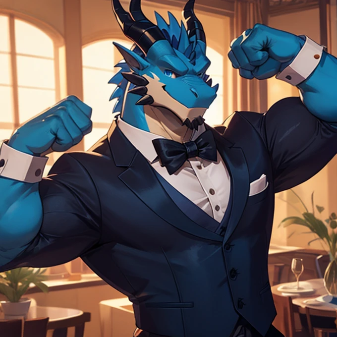 1 male,adult,strong ,big,muscular,blue,blue eyes,thick neck,good looking ,sexy ,dragon,has a big huge massive penis,in a very tight butler suit,with a black bow tie,flexing with one arm,his muscular pecs and arm can be shown,he is smiling,looking at you,pants unzipped shwoing his big massive penis,cum on his penis,smiling at you,holding his penis with one hand.