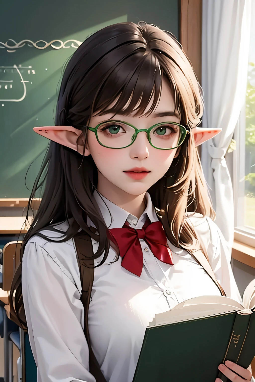 ((best quality)), ((masterpiece)), (detailed), perfect face, brown hair, long hair, short elf ears, glasses, green eyes, girl is a teacher, in classroom, book in hand