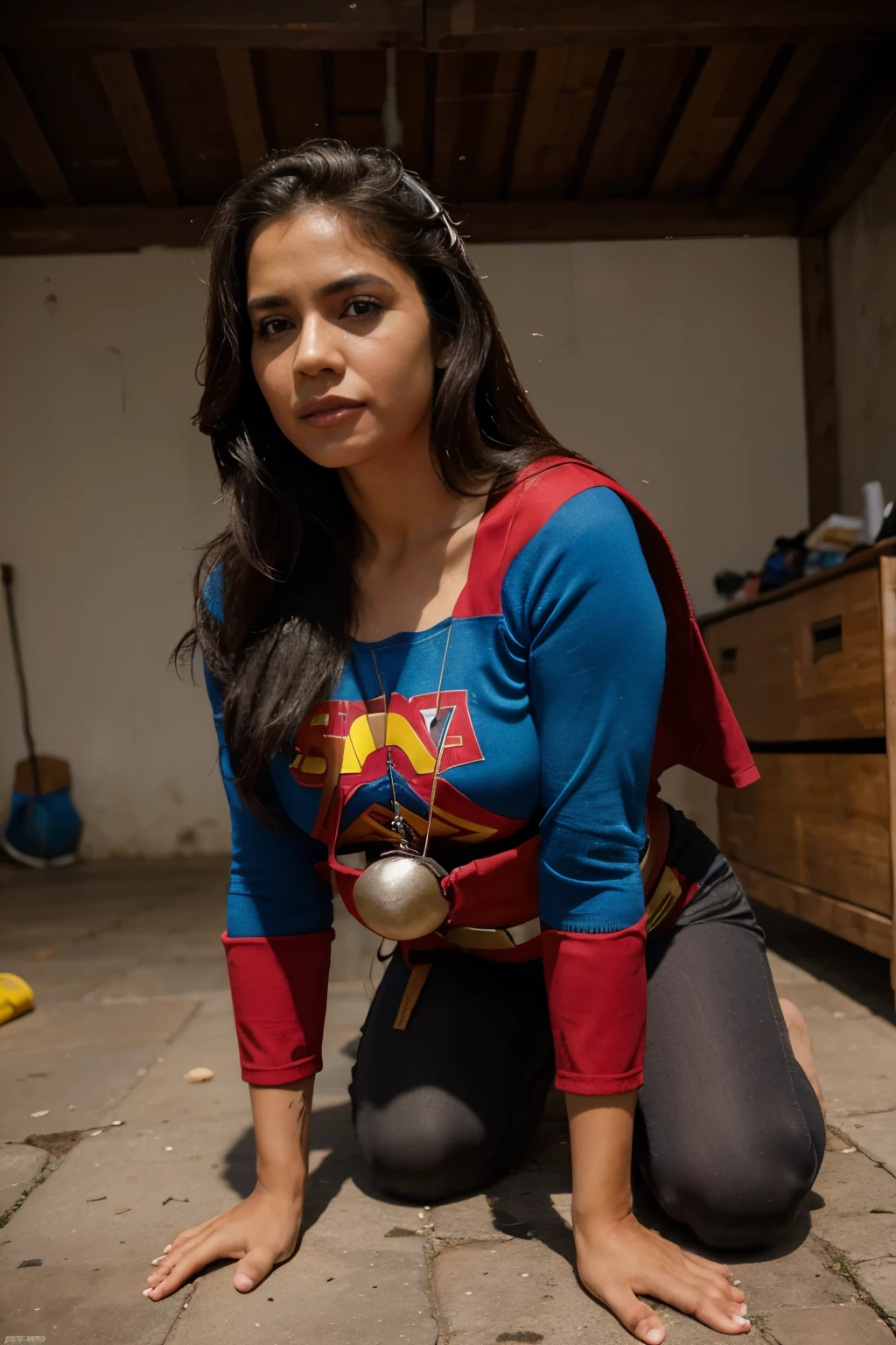 Mujer rescatando perro con traje de super heroe
