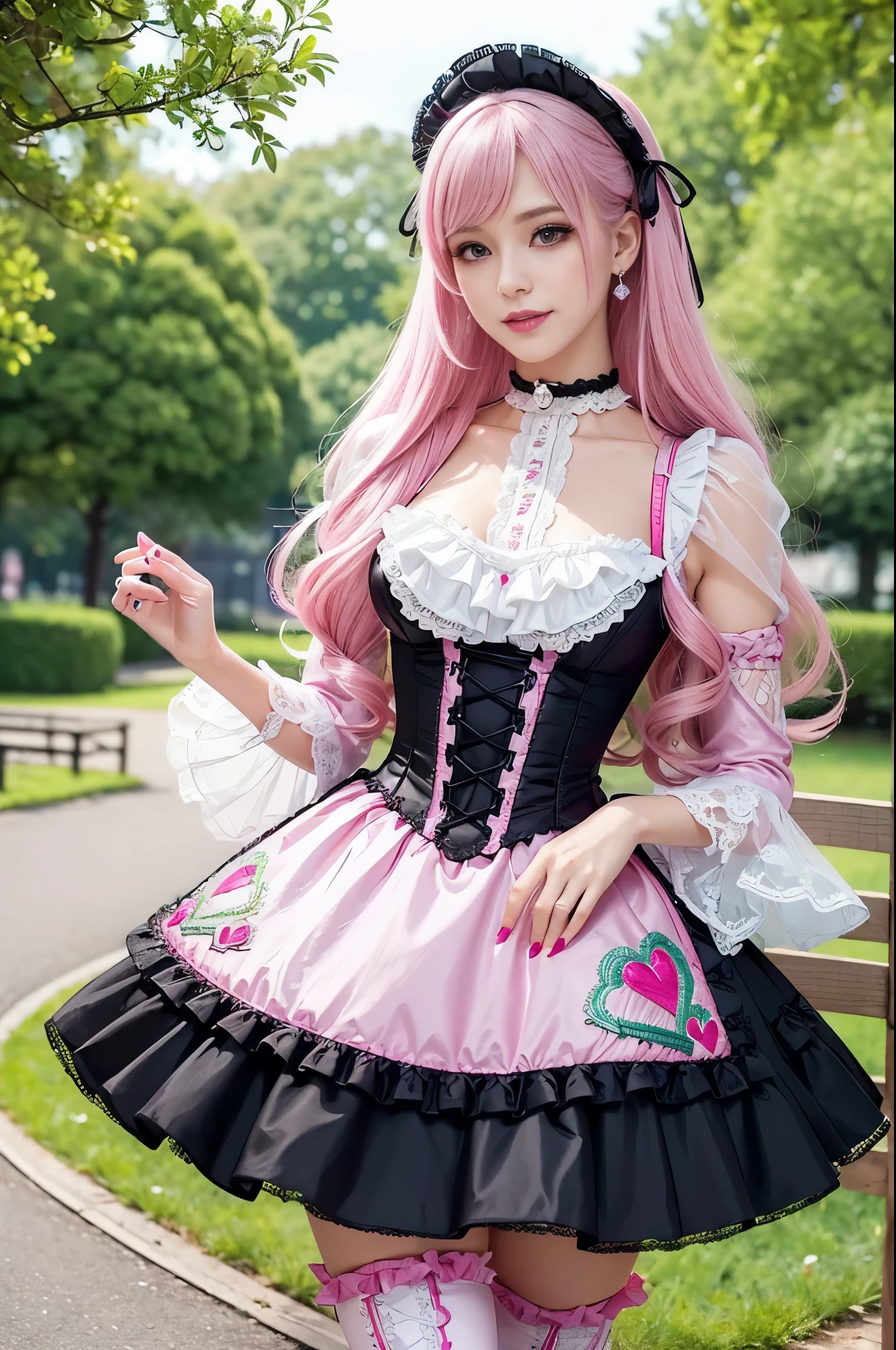 sexy stylish Swedish model, only 1 female, ((doll-like appearance)), long neon pink stylish hair, ((shiny Victorian-Style boots)), (big smile), ultra detailed eyes, very detailed eye makeup, lipgloss, long lashes, defined eyebrows, ((sexy Sweet ta cosplay)), bell-shaped skirt, petticoats, high neckline, puffed sleeves, ((ultra detailed lace)), ((ultra detailed embroidery)), intricate details, animals, fairy tales, heart-shaped bag, Sweet Loliccessoires, large bow, Sweet Lolita cr, ((large sparkling Sweet Lolita jewel, cinematic light, detailed large park background with trees