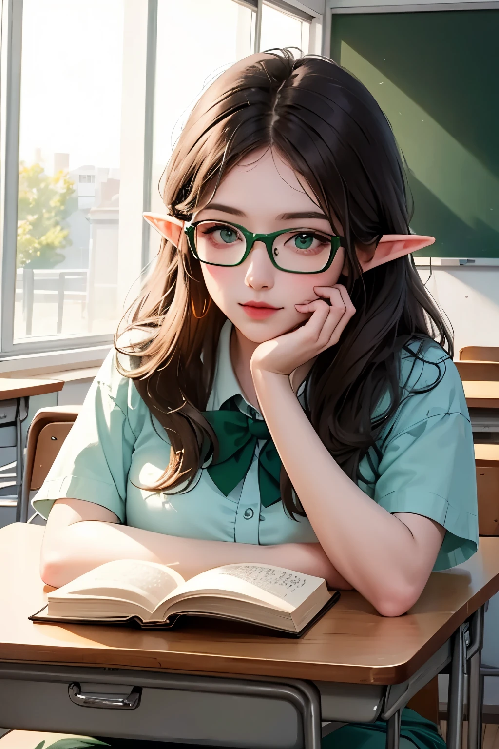 ((best quality)), ((masterpiece)), (detailed), perfect face, brown hair, long hair, short elf ears, glasses, green eyes, girl and teacher, in classroom, book in hand