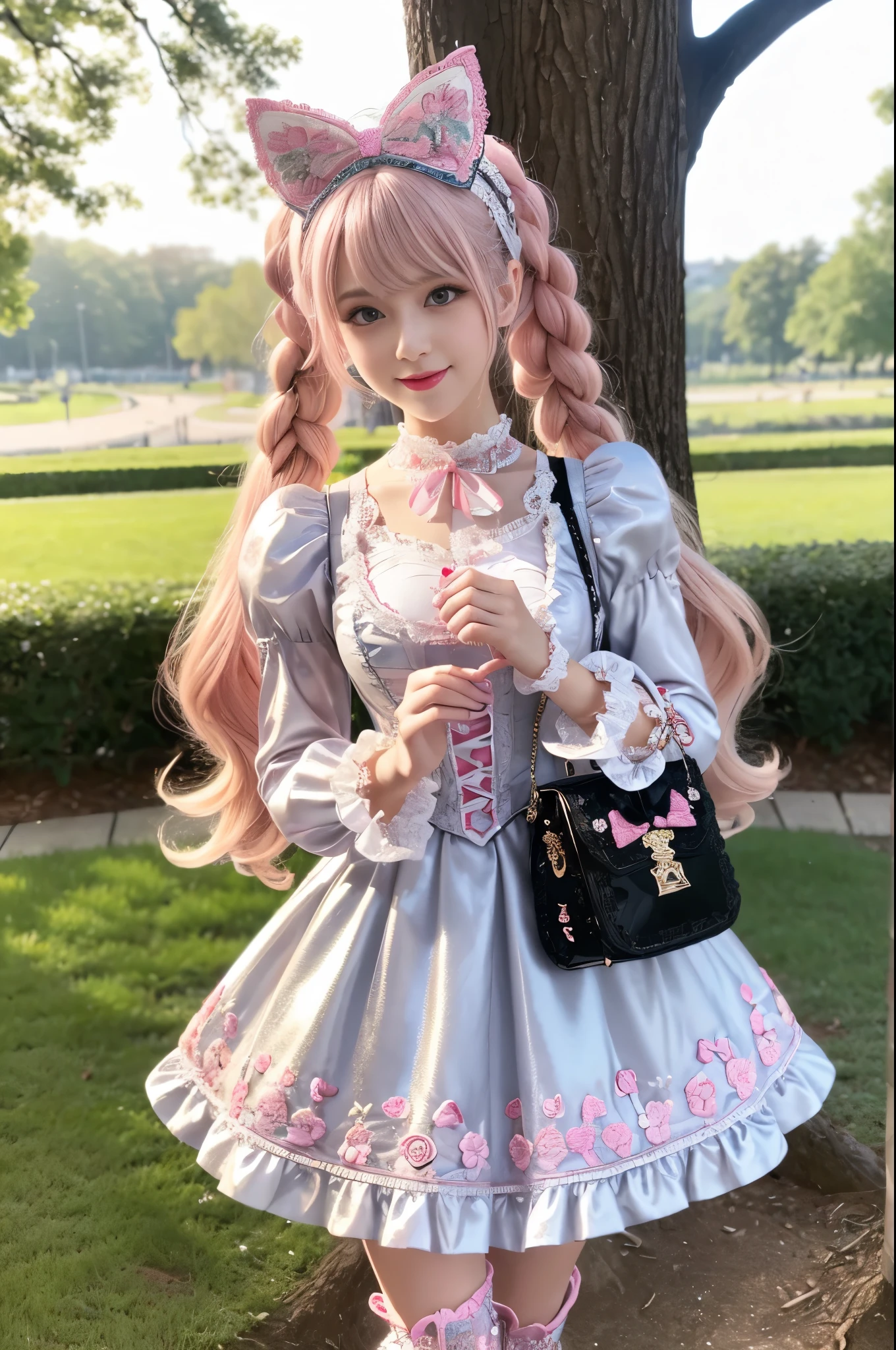 sexy stylish Russian model, only 1 female, ((doll-like appearance)), long neon pink stylish hair, ((shiny Victorian-Style boots)), (big smile), ultra detailed eyes, very detailed eye makeup, lipgloss, long lashes, defined eyebrows, ((sexy Sweet ta cosplay)), bell-shaped skirt, petticoats, high neckline, puffed sleeves, ((ultra detailed lace)), ((ultra detailed embroidery)), intricate details, animals, fairy tales, heart-shaped bag, Sweet Loliccessoires, large bow, Sweet Lolita cr, ((large sparkling Sweet Lolita jewel, cinematic light, detailed large park background with trees