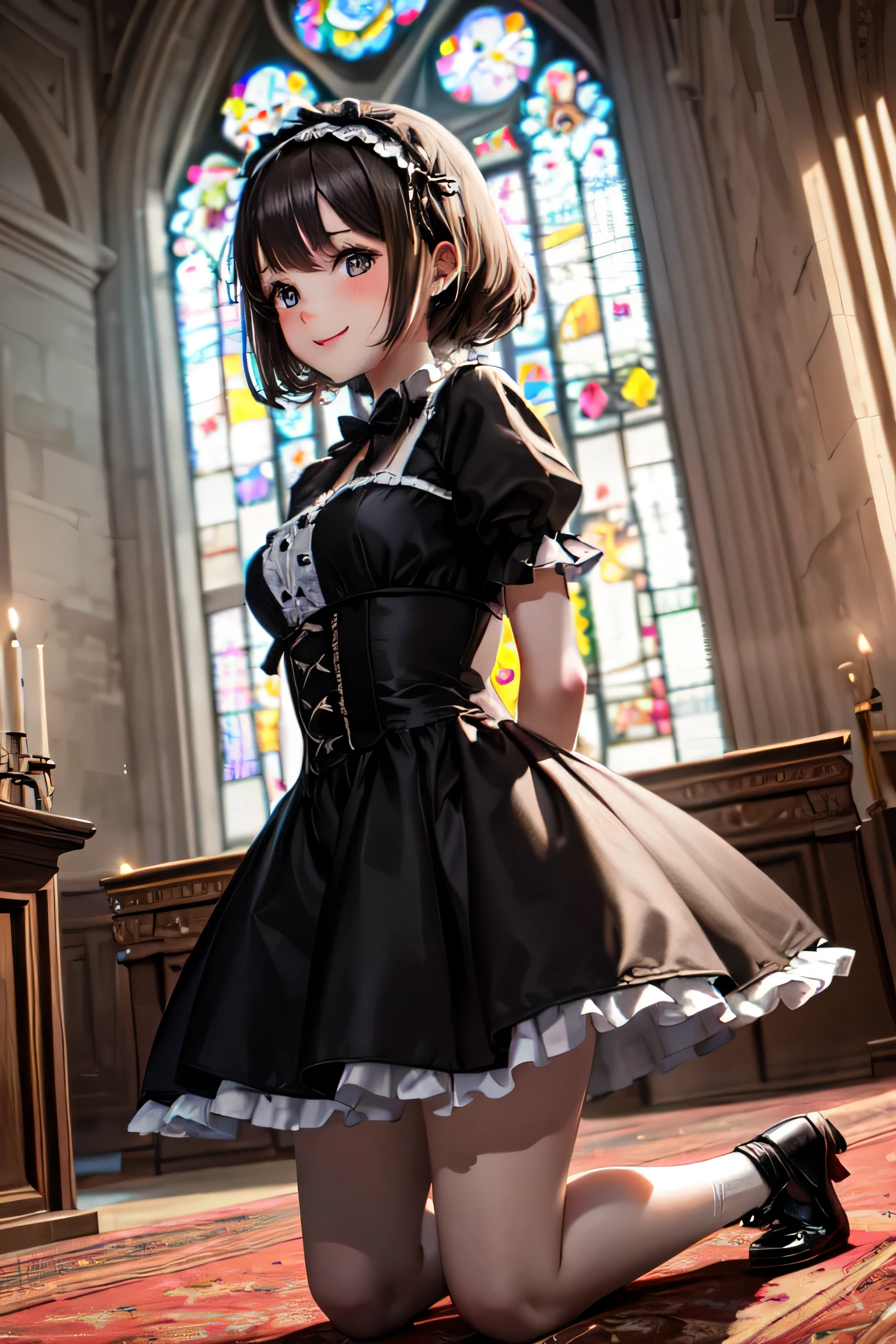 very cute and beautiful girl,(Very detailedな美しい顔),(smile:1.2),Happy,blush,Embarrassing,Black Hair,View Viewer,
(Brown lolita dress with a floral pattern and fine frills),Fine lace,
Kneel,Put your arms behind your back,altar,church,indoor,
(highest quality,masterpiece),Absurd,High resolution,Super detailed,Very detailed,32k,8K resolution,
Intricate details,Movie Scenes,Detailed Background,alone,Dynamic Angle,