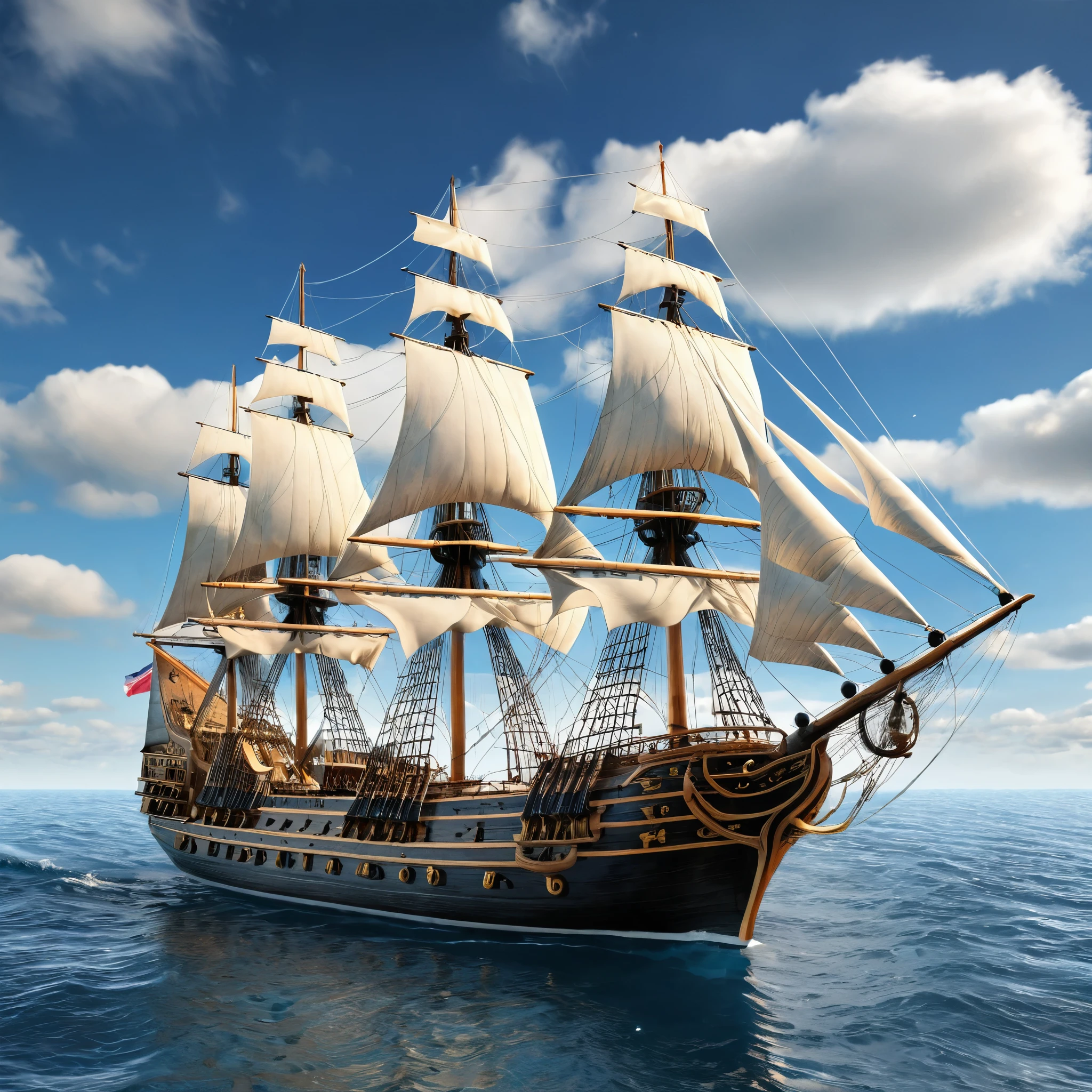 A photorealistic rendering of a fleet of historical sailing ships on the open sea under a bright, clear sky with fluffy clouds. The primary ship is detailed with multiple masts and billowing sails. Rendered in Unreal Engine 5 with finely detailed textures and bold colors.