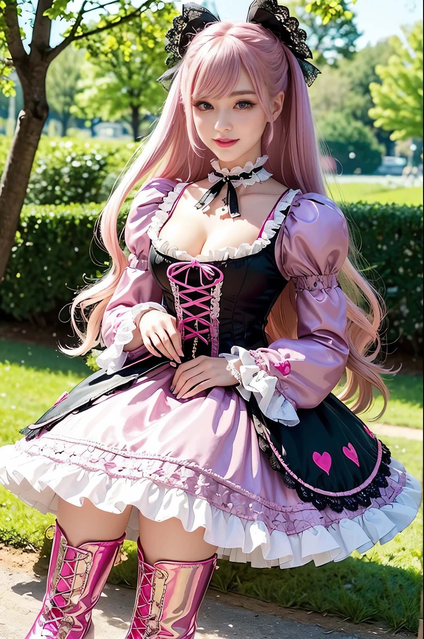 sexy stylish Russian model, only 1 female, ((doll-like appearance)), long neon pink stylish hair, ((shiny Victorian-Style boots)), (big smile), ultra detailed eyes, very detailed eye makeup, lipgloss, long lashes, defined eyebrows, ((sexy Sweet Lolita cosplay)), bell-shaped skirt, petticoats, high neckline, puffed sleeves, ((ultra detailed lace)), ((ultra detailed embroidery)), intricate details, animals, fairy tales, heart-shaped bag, Sweet Lolita accessoires, large bow, Sweet Lolita choker, ((large sparkling Sweet Lolita jewelry)), cinematic light, detailed large park background with trees 