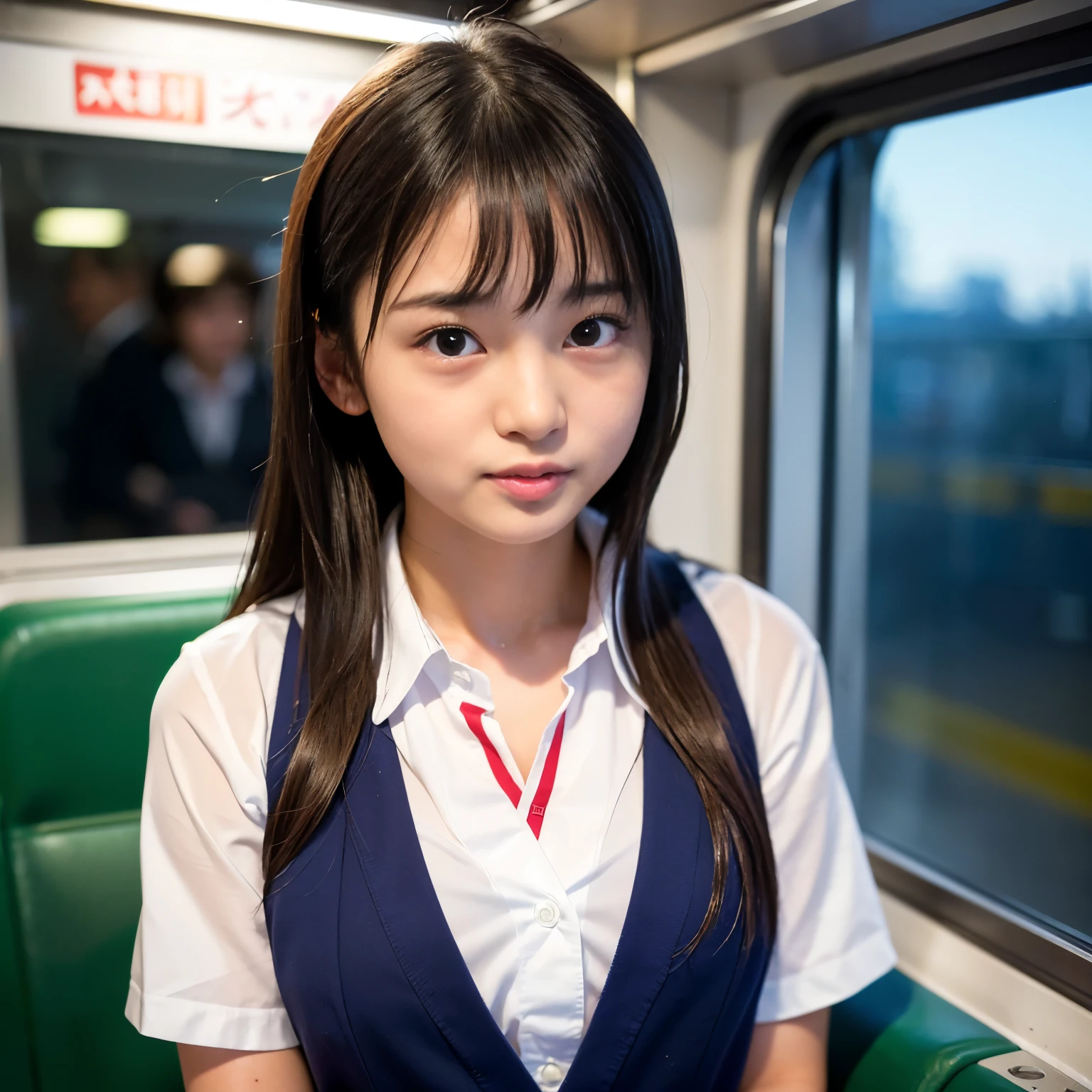 (Best-quality, Masterpiece, Ultra-High-Resolution, (Photorealistic:1.4), Raw Photo, depth of field, professional lighting, perfect anatomy, extremely details), 1girl, 15-years-old, the most famous Japanese idol, on train, wearing Japanese high-school uniform, looking at viewer, ((feeling very strong sexual pleasure, extremely cute orgasm-face):1.4)