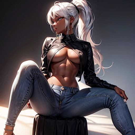 A dark-skinned woman with silver hair in a ponytail, Wearing a black dress shirt and slim jeans, Spread your legs　Showing your belly button