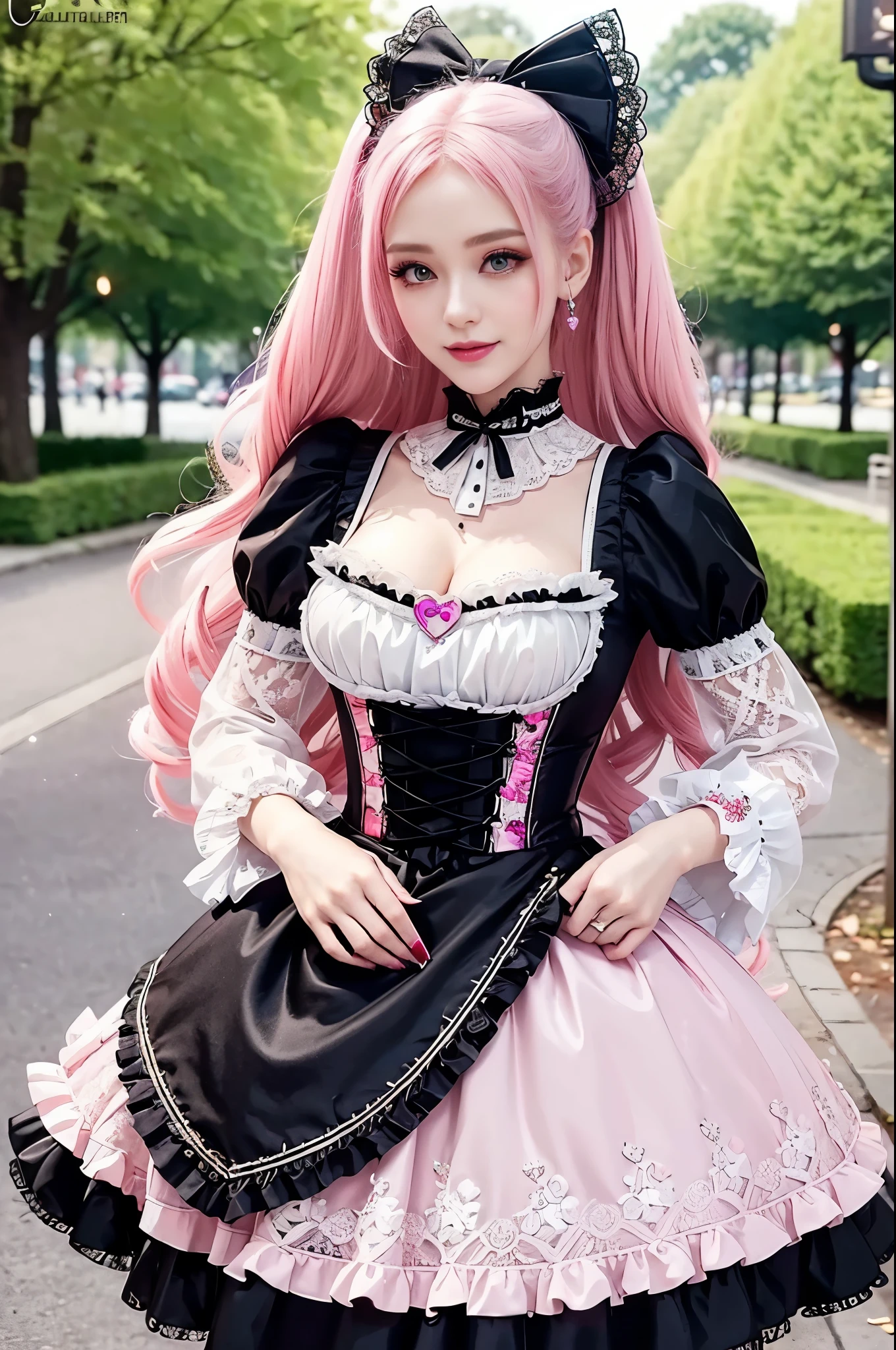 sexy stylish Russian model, only 1 female, ((doll-like appearance)), long neon pink stylish hair, ((shiny Victorian-Style boots)), (big smile), ultra detailed eyes, very detailed eye makeup, lipgloss, long lashes, defined eyebrows, ((sexy Sweet ta cosplay)), bell-shaped skirt, petticoats, high neckline, puffed sleeves, ((ultra detailed lace)), ((ultra detailed embroidery)), intricate details, animals, fairy tales, heart-shaped bag, Sweet Loliccessoires, large bow, Sweet Lolita cr, ((large sparkling Sweet Lolita jewel, cinematic light, detailed large park background with trees