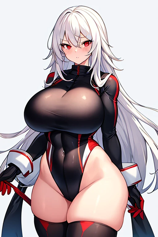 1girl, white hair, long hair, red eyes, serious, glowing eyes, large breasts, thick thighs, mature female, athletic female, toned, one-piece swimsuit, competition swimsuit, long sleeves, sleeves, gloves, black one-piece swimsuit