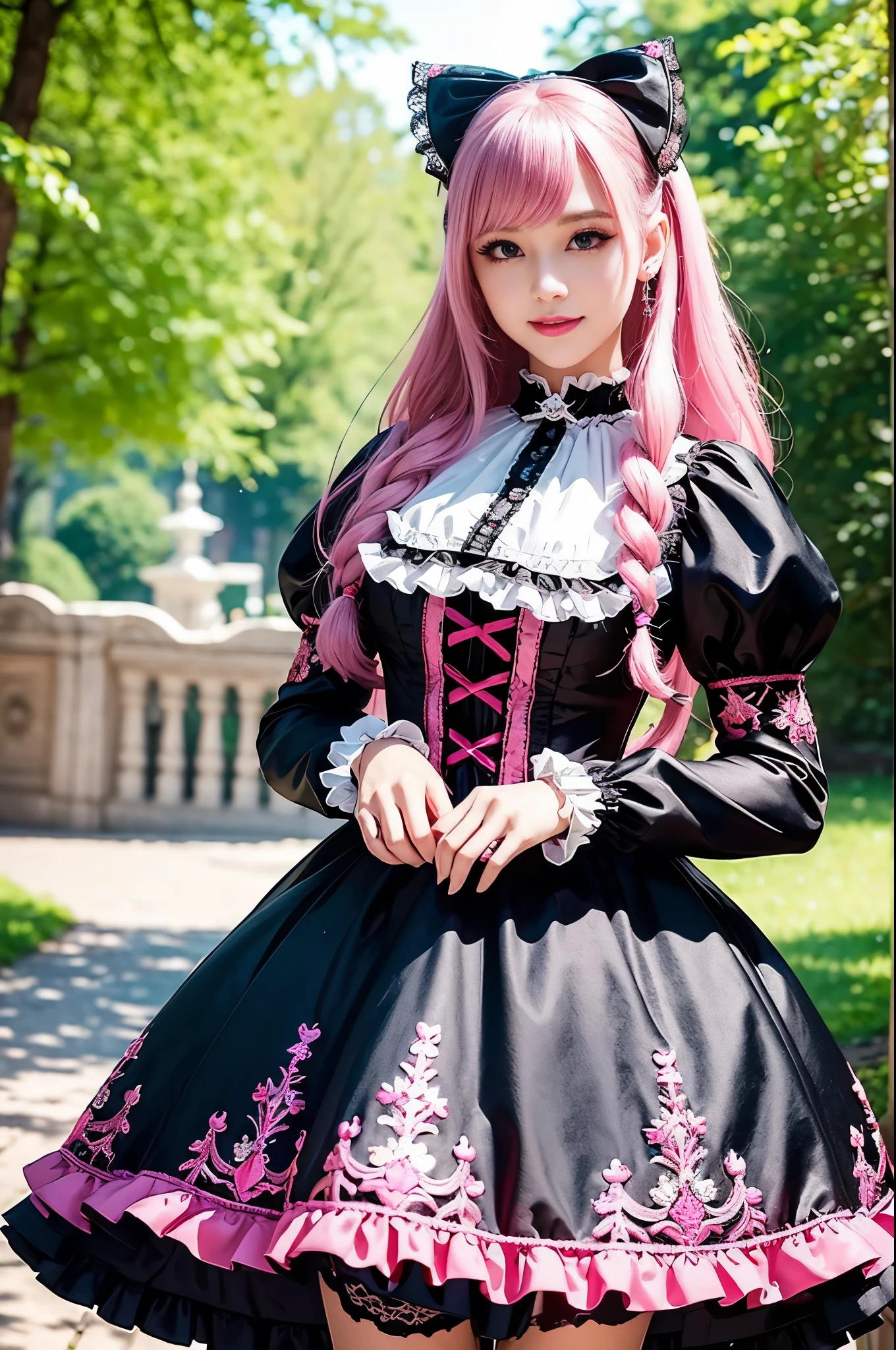 sexy stylish Russian model, only 1 female, ((doll-like appearance)), long neon pink stylish hair, ((shiny Victorian-Style boots)), (big smile), ultra detailed eyes, very detailed eye makeup, lipgloss, long lashes, defined eyebrows, ((sexy Sweet ta cosplay)), bell-shaped skirt, petticoats, high neckline, puffed sleeves, ((ultra detailed lace)), ((ultra detailed embroidery)), intricate details, animals, fairy tales, heart-shaped bag, Sweet Loliccessoires, large bow, Sweet Lolita cr, ((large sparkling Sweet Lolita jewel, cinematic light, detailed large park background with trees