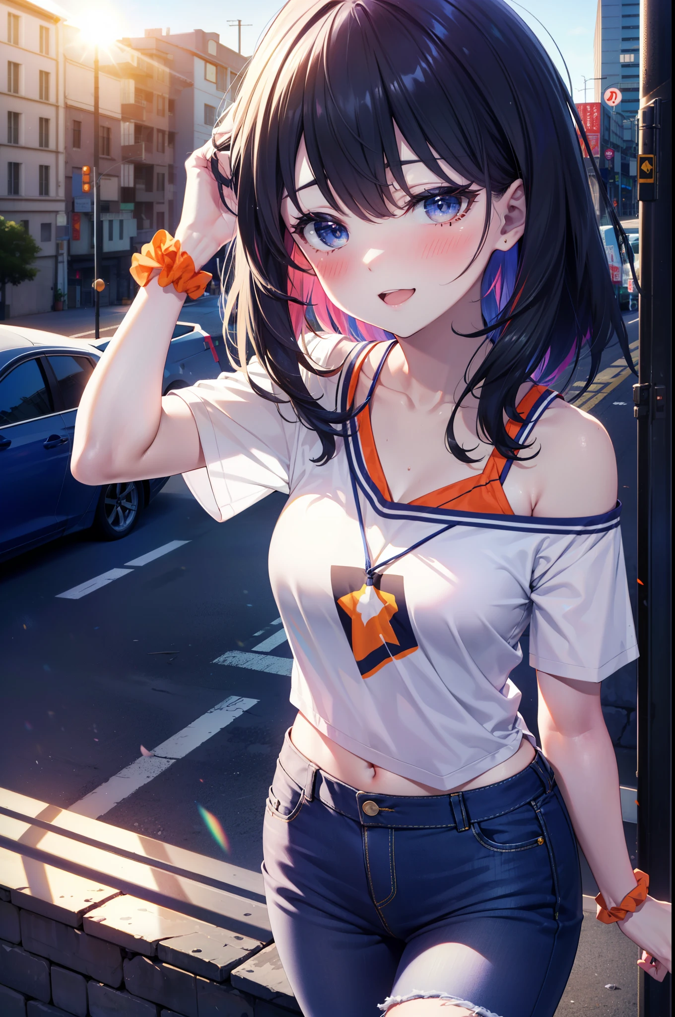 Rikka body, rikka takarada, Black Hair, blue eyes, Long Hair, orange Scrunchie, Scrunchie, wrist Scrunchie,happy smile, smile, Open your mouth,blush,hair band,Cord Off Shoulder Top,Short sleeve,Skinny denim pants,High Top Sneakers,morning,morning陽,The sun is rising,whole bodyがイラストに入るように,walk,
break looking at viewer, whole body,
break outdoors, city,construction area,
break (masterpiece:1.2), highest quality, High resolution, unity 8k wallpaper, (shape:0.8), (Beautiful details:1.6), Highly detailed face, Perfect lighting, Extremely detailed CG, (Perfect hands, Perfect Anatomy),