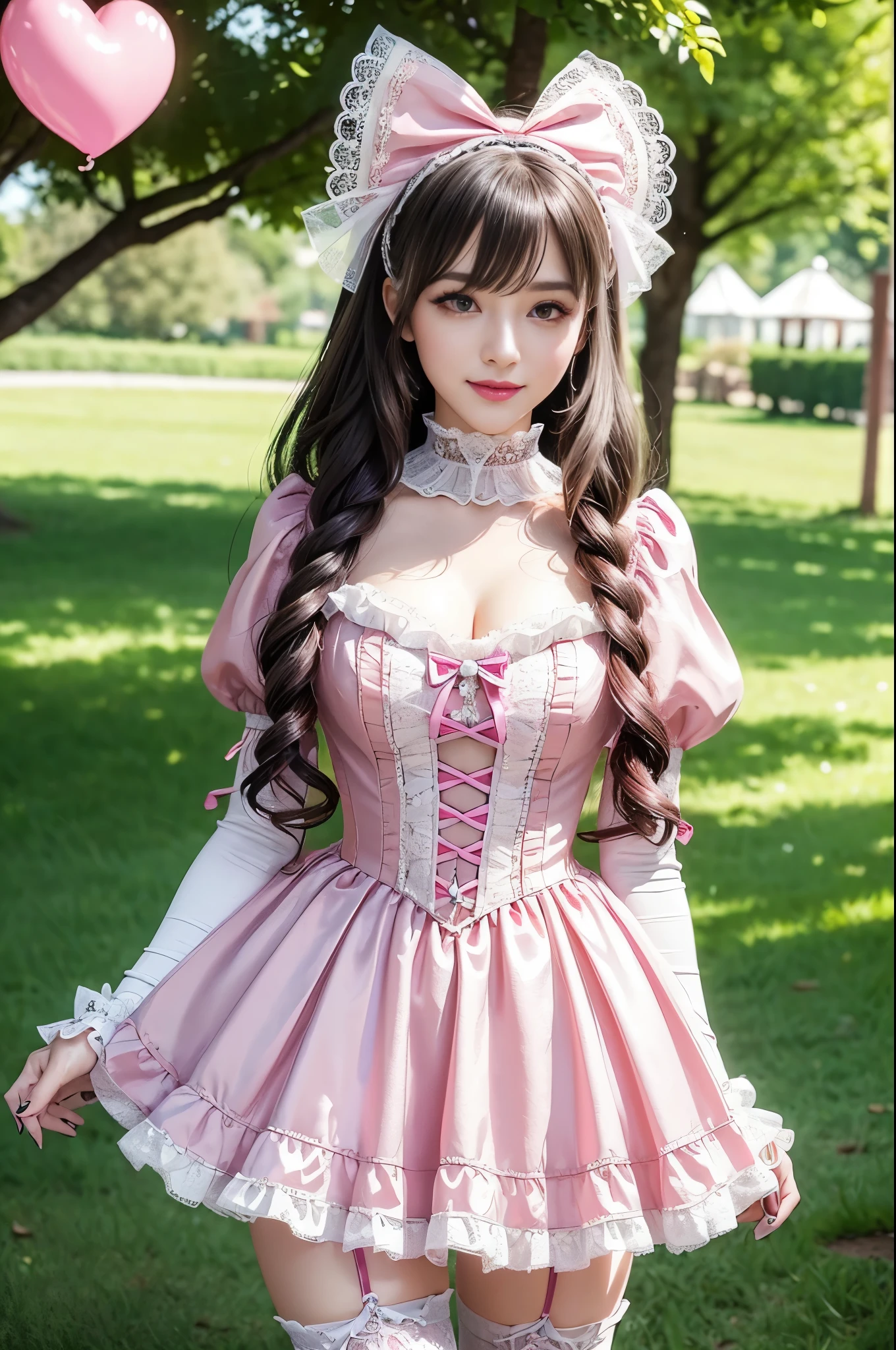 sexy stylish Russian model, only 1 female, ((doll-like appearance)), long neon pink stylish hair, ((shiny Victorian-Style boots)), (big smile), ultra detailed eyes, very detailed eye makeup, lipgloss, long lashes, defined eyebrows, ((sexy Sweet ta cosplay)), bell-shaped skirt, petticoats, high neckline, puffed sleeves, ((ultra detailed lace)), ((ultra detailed embroidery)), intricate details, animals, fairy tales, heart-shaped bag, Sweet Loliccessoires, large bow, Sweet Lolita cr, ((large sparkling Sweet Lolita jewel, cinematic light, detailed large park background with trees