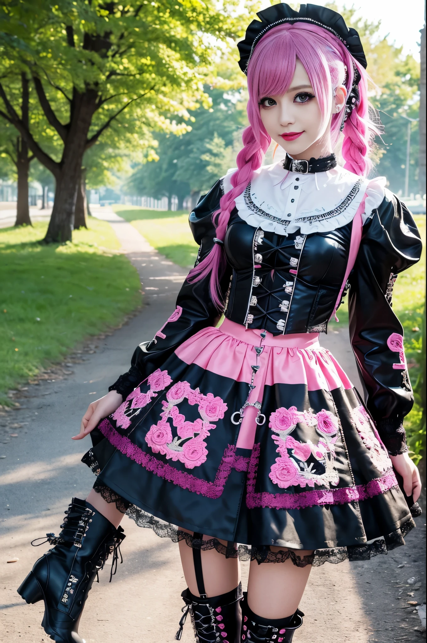 sexy stylish Swedish model, only 1 female, ((doll-like appearance)), long neon pink stylish hair, ((shiny Punk-Style boots)), (big smile), ultra detailed eyes, Punk makeup, lipgloss, long lashes, defined eyebrows, ((sexy Punk ta cosplay)), unconventional skirt, petticoats, high neckline, ((ultra detailed lace)), ((ultra detailed embroidery)), intricate details, tartan patterns, safety pins, Punk Loliccessoires, Punk Lolita cr, ((large sparkling Punk Lolita jewel, cinematic light, detailed large park background with trees