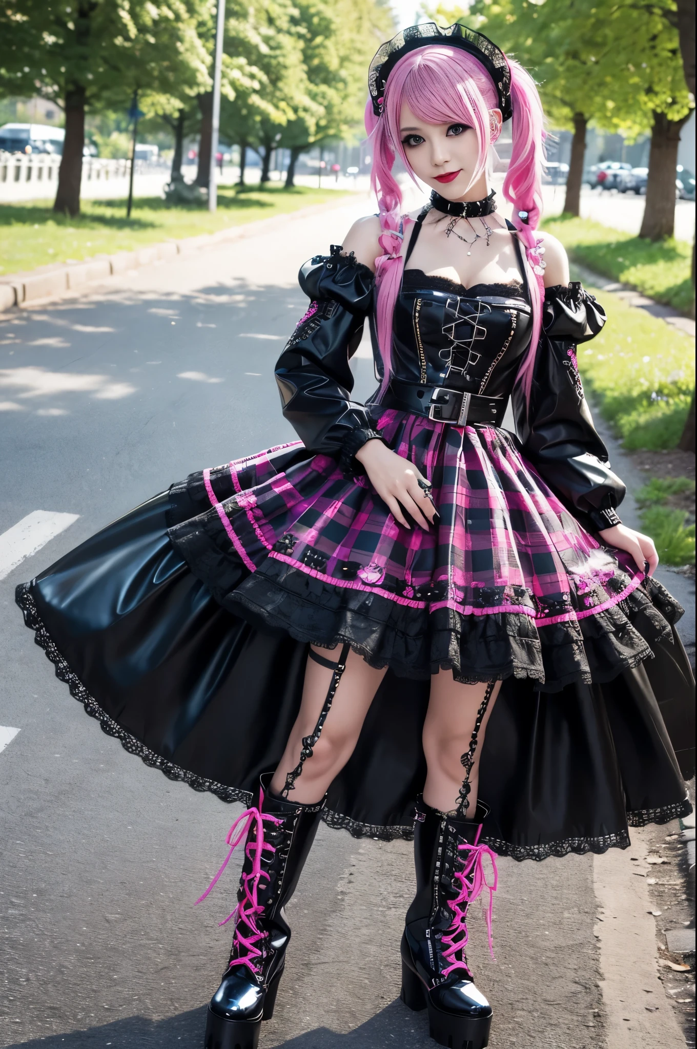 sexy stylish Swedish model, only 1 female, ((doll-like appearance)), long neon pink stylish hair, ((shiny Punk-Style boots)), (big smile), ultra detailed eyes, Punk makeup, lipgloss, long lashes, defined eyebrows, ((sexy Punk Lolita cosplay)), unconventional skirt, petticoats, high neckline, ((ultra detailed lace)), ((ultra detailed embroidery)), intricate details, tartan patterns, safety pins, Punk Lolita accessoires, Punk Lolita choker, ((large sparkling Punk Lolita jewelry)), cinematic light, detailed large park background with trees 