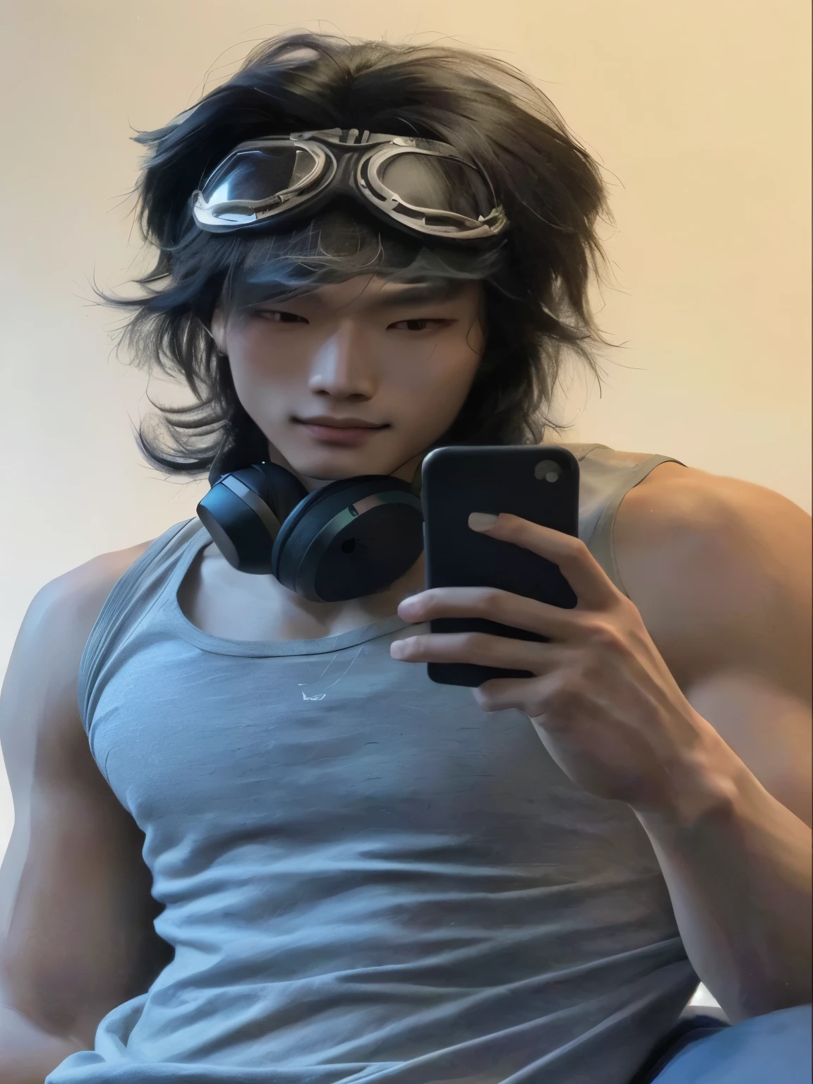 homem arafiado com fones de ouvido e uma regata cinza olhando para o celular, Steve Jung, cute japanese demon boy, Wonbin Lee, xqc, taken at the beginning of 2020, Yanjun Chengt, inspirado em Yamagata Hiro, lindo chad queixo, pintar ulzzang, an epic non-binary model, asian man