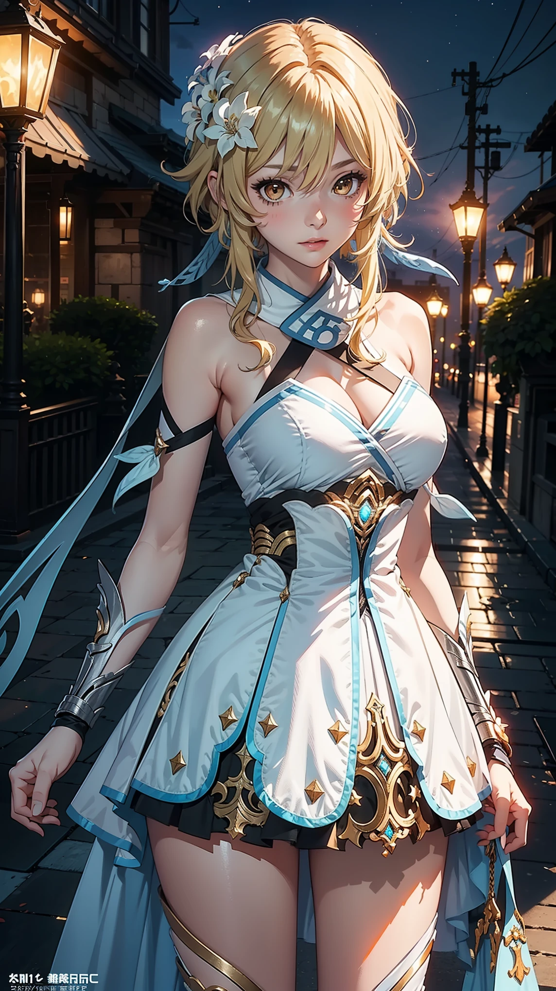 Luminedef, slim body, narrow waist,large breast, blush, official art, night, detail eyes, cg, innocent girl, stand up straight, body details
