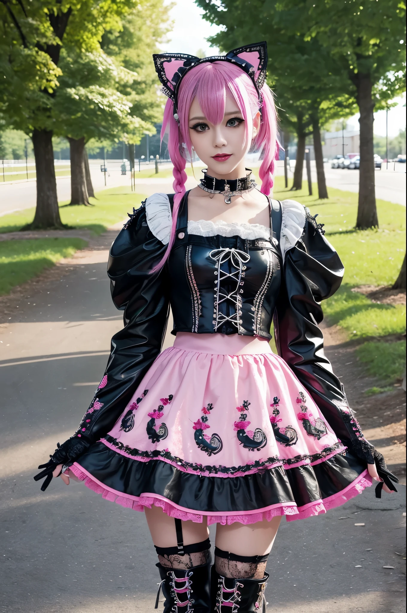 sexy stylish Swedish model, only 1 female, ((doll-like appearance)), long neon pink stylish hair, ((shiny Punk-Style boots)), (big smile), ultra detailed eyes, Punk makeup, lipgloss, long lashes, defined eyebrows, ((sexy Punk ta cosplay)), unconventional skirt, petticoats, high neckline, ((ultra detailed lace)), ((ultra detailed embroidery)), intricate details, tartan patterns, safety pins, Punk Loliccessoires, Punk Lolita cr, ((large sparkling Punk Lolita jewel, cinematic light, detailed large park background with trees