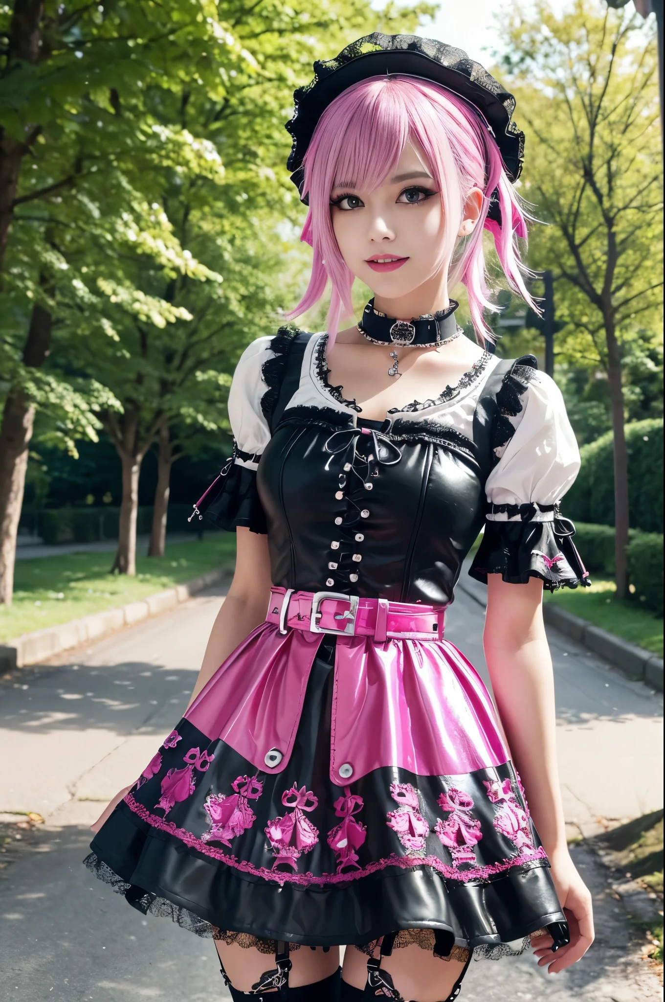 sexy stylish Swedish model, only 1 female, ((doll-like appearance)), long neon pink stylish hair, ((shiny Punk-Style boots)), (big smile), ultra detailed eyes, Punk makeup, lipgloss, long lashes, defined eyebrows, ((sexy Punk Lolita cosplay)), unconventional skirt, petticoats, high neckline, ((ultra detailed lace)), ((ultra detailed embroidery)), intricate details, tartan patterns, safety pins, Punk Lolita accessoires, Punk Lolita choker, ((large sparkling Punk Lolita jewelry)), cinematic light, detailed large park background with trees 
