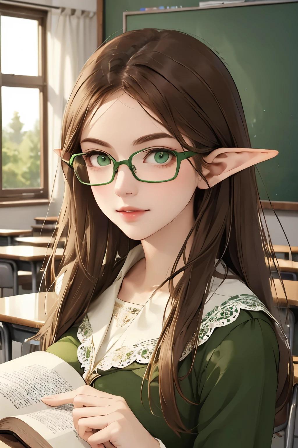 ((best quality)), ((masterpiece)), (detailed), perfect face, brown hair, long hair, short elf ears, glasses, green eyes, girl and teacher, in classroom, book in hand