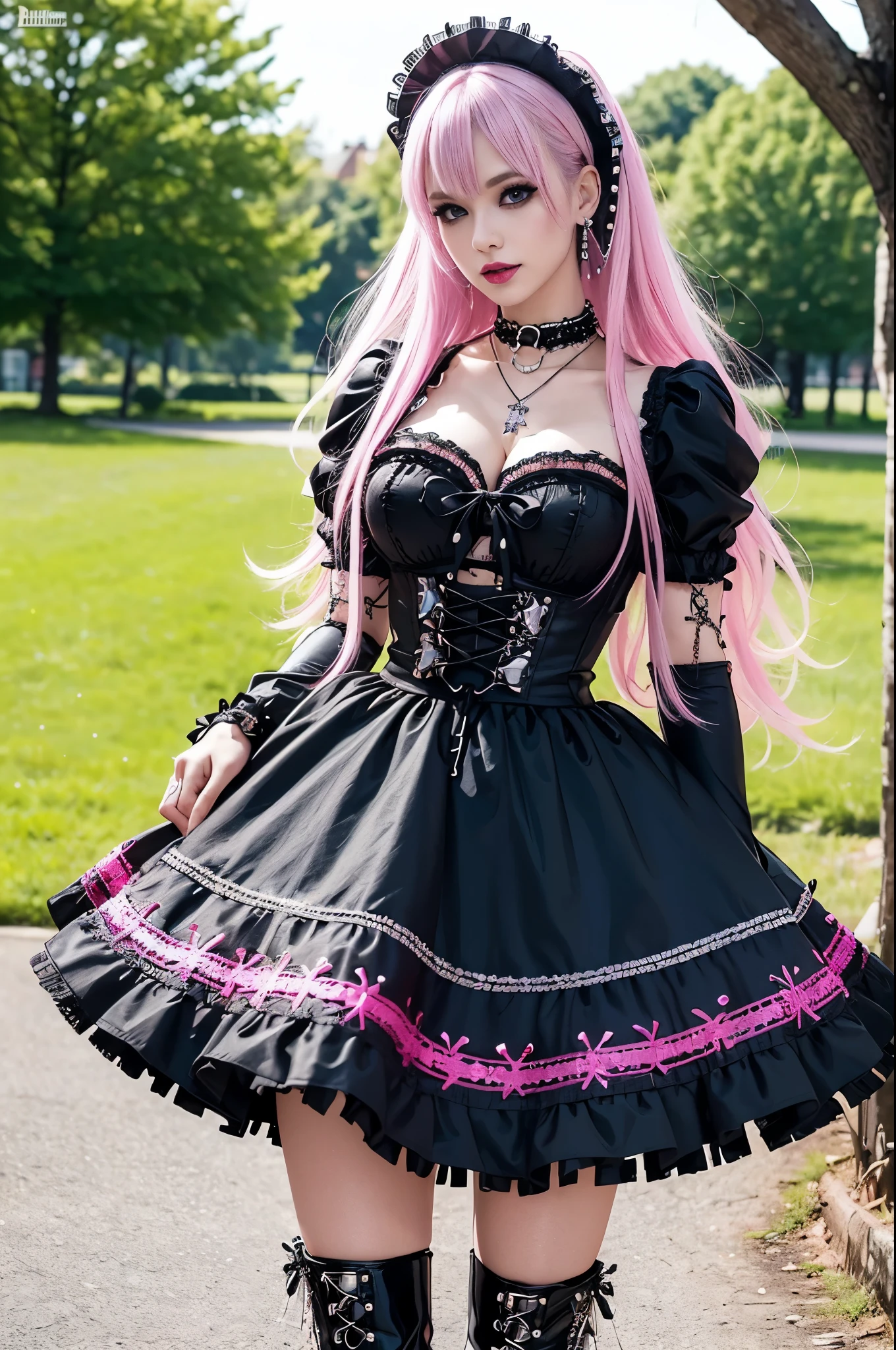 sexy stylish Swedish model, only 1 female, ((doll-like appearance)), long neon pink stylish hair, ((shiny Punk-Style boots)), (big smile), ultra detailed eyes, Punk makeup, lipgloss, long lashes, defined eyebrows, ((sexy Punk ta cosplay)), unconventional skirt, petticoats, high neckline, ((ultra detailed lace)), ((ultra detailed embroidery)), intricate details, tartan patterns, safety pins, Punk Loliccessoires, Punk Lolita cr, ((large sparkling Punk Lolita jewel, cinematic light, detailed large park background with trees