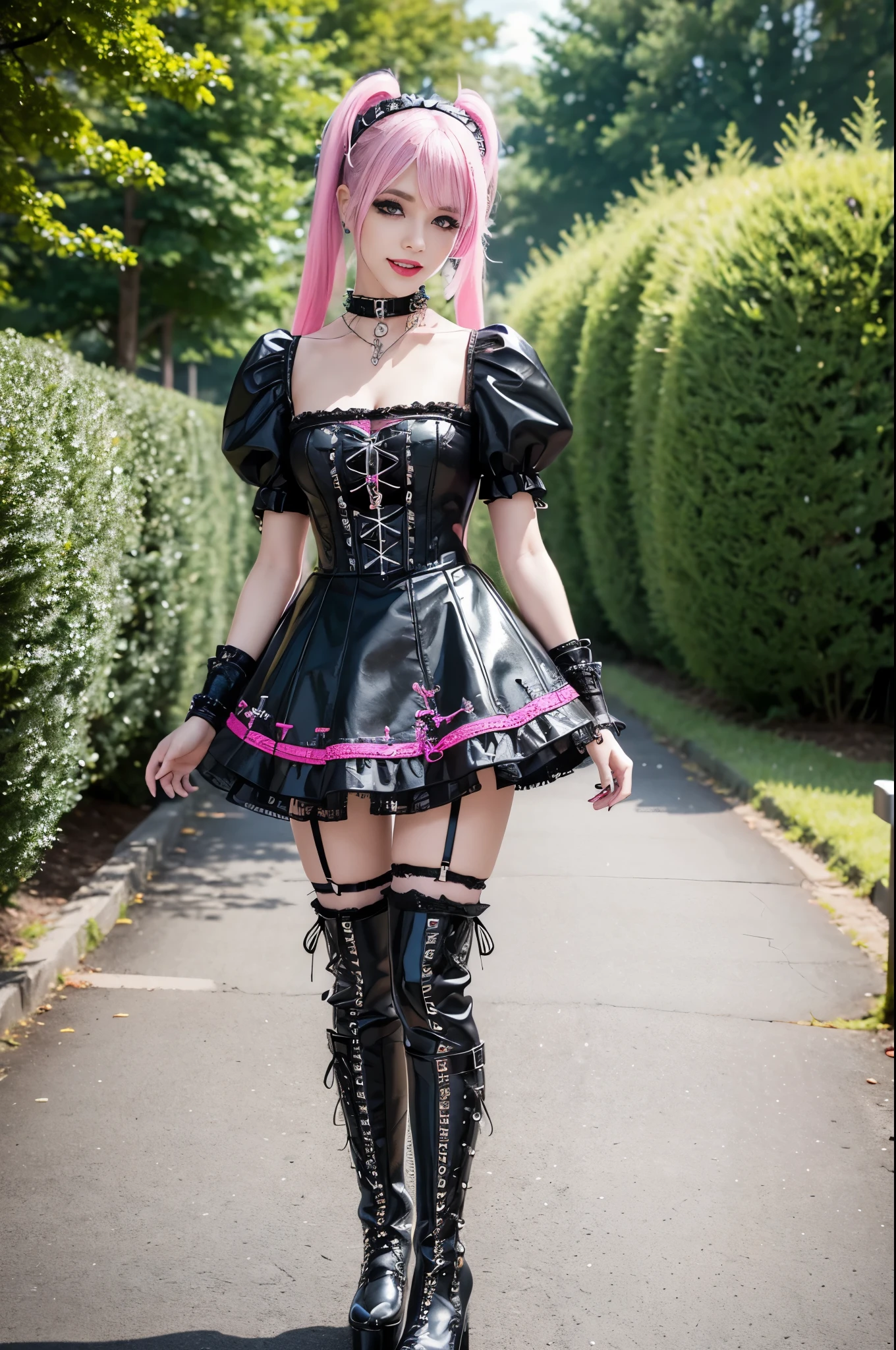 sexy stylish Swedish model, only 1 female, ((doll-like appearance)), long neon pink stylish hair, ((shiny Punk-Style boots)), (big smile), ultra detailed eyes, Punk makeup, lipgloss, long lashes, defined eyebrows, ((sexy Punk ta cosplay)), unconventional skirt, petticoats, high neckline, ((ultra detailed lace)), ((ultra detailed embroidery)), intricate details, tartan patterns, safety pins, Punk Loliccessoires, Punk Lolita cr, ((large sparkling Punk Lolita jewel, cinematic light, detailed large park background with trees