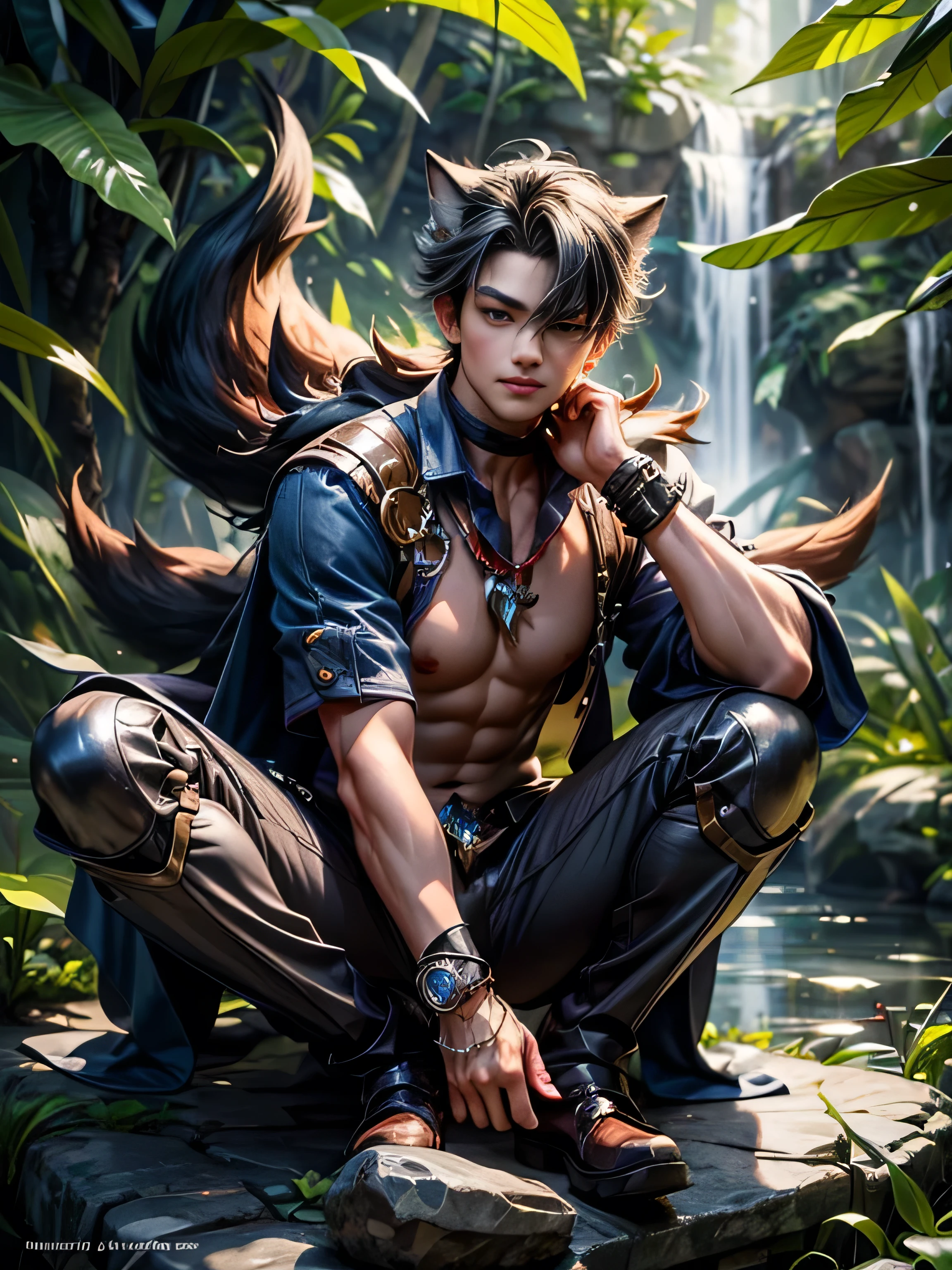 (Best quality, 8K, masterpiece, HDR, soft lighting, perfect image, realistic, Bright), Fox guy sitting on a stone in a forest with a waterfall, landscape with a mountain waterfall in the background, handsome man, he has beautiful blue eyes and a kind smile, black hair, naked torso with developed body, (Fantasy ultra high quality art, latest fantasy), masterpiece, Ultra high quality male and female character designs, anime art with 8k development, realistic anime art, wallpaper illustrations of the highest quality, complex ultra high quality accurate faces of male characters, high quality design and precision physics (ultra high quality fantasy style)), art, dark fantasy)) Style), Masterpieceы, super quality characters, resolution anime - 8k, realistic anime art, highest quality wallpaper illustration, Ultra-high facial detail, high-quality design and physics accuracy), by color, depth of field, to the shadows, ray tracing, high quality and production of computer wallpapers in 8K resolution, Ethereal Fox, meditates, artistic 8k, Calm facial expression, 8k art, meditation pose, zen meditation cyberpunk, fantasy love fox, Dark Fox Mage, (Accurate simulation of the interaction of light and material)], [Carefully detailed hair [Read more about beautiful and shiny hair]], (Perfectly detailed hands [perfect fingers [Beautiful nails]], (Perfectly detailed legs and feet [perfect fingers [Beautiful nails]], (perfect anatomy (perfect proportions)) [[ Look at full growth]], [Ideal color coordination (Accurate simulation of the interaction of light and material)], [art, conveying the meaning of history]