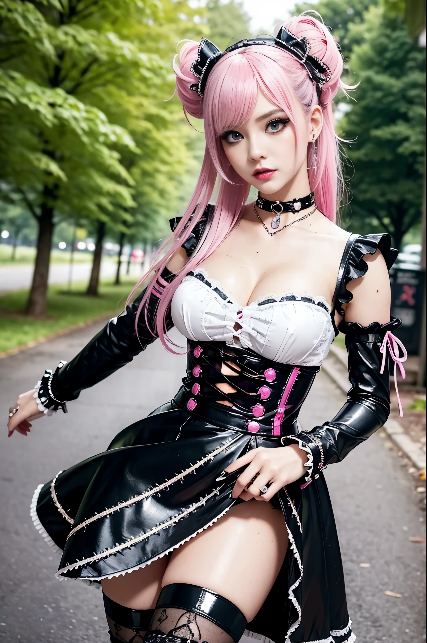 sexy stylish Swedish model, only 1 female, ((doll-like appearance)), long neon pink stylish hair, ((shiny Punk-Style boots)), (big smile), ultra detailed eyes, Punk makeup, lipgloss, long lashes, defined eyebrows, ((sexy Punk ta cosplay)), unconventional skirt, petticoats, high neckline, ((ultra detailed lace)), ((ultra detailed embroidery)), intricate details, tartan patterns, safety pins, Punk Loliccessoires, Punk Lolita cr, ((large sparkling Punk Lolita jewel, cinematic light, detailed large park background with trees