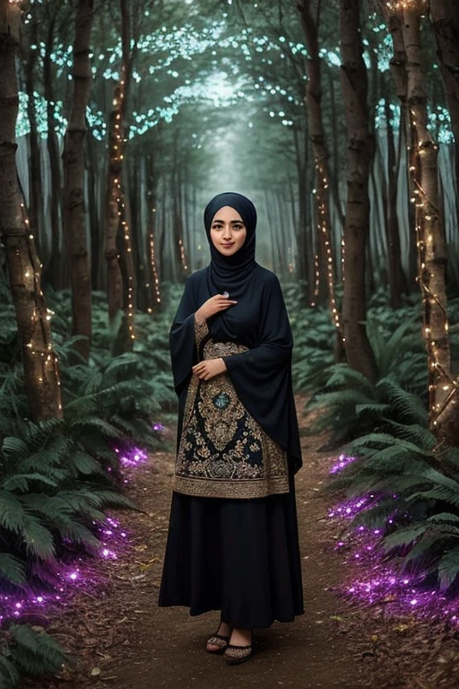 Hijabis woman inside the enchanted forest that full of lights