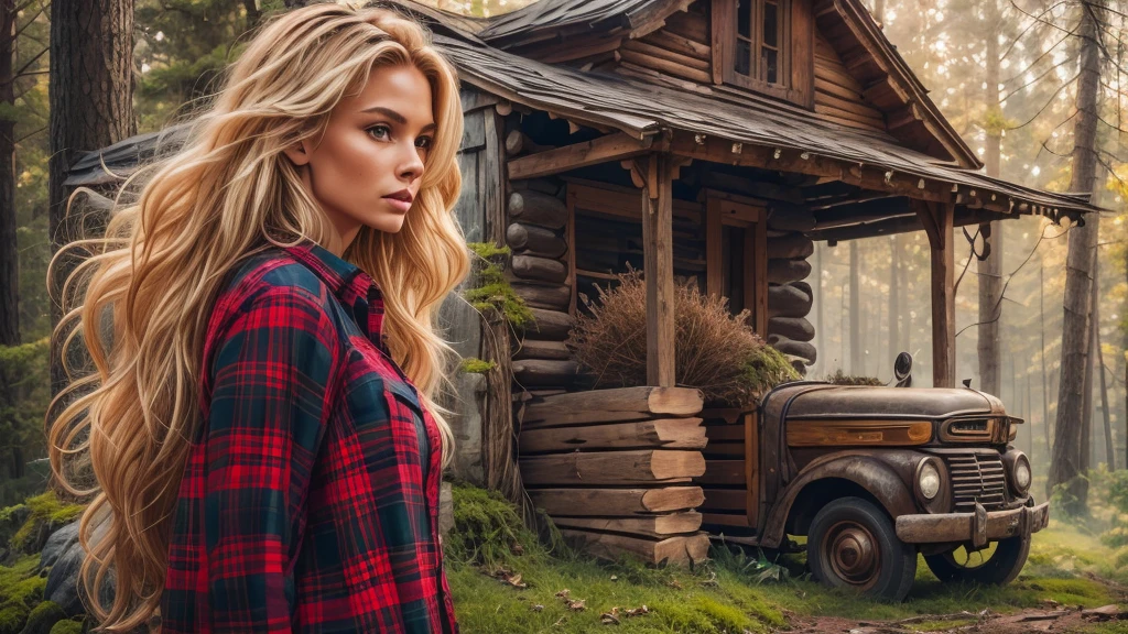 cabin in the woods, front porch, wood pile, rusty truck on cinderblocks, woodburning stove, dense trees, dark woods, large oak trees, moss, (Beautiful woman, plaid long-sleeved flannel shirt, long wavy blonde hair, detailed hands, detailed eyes),
