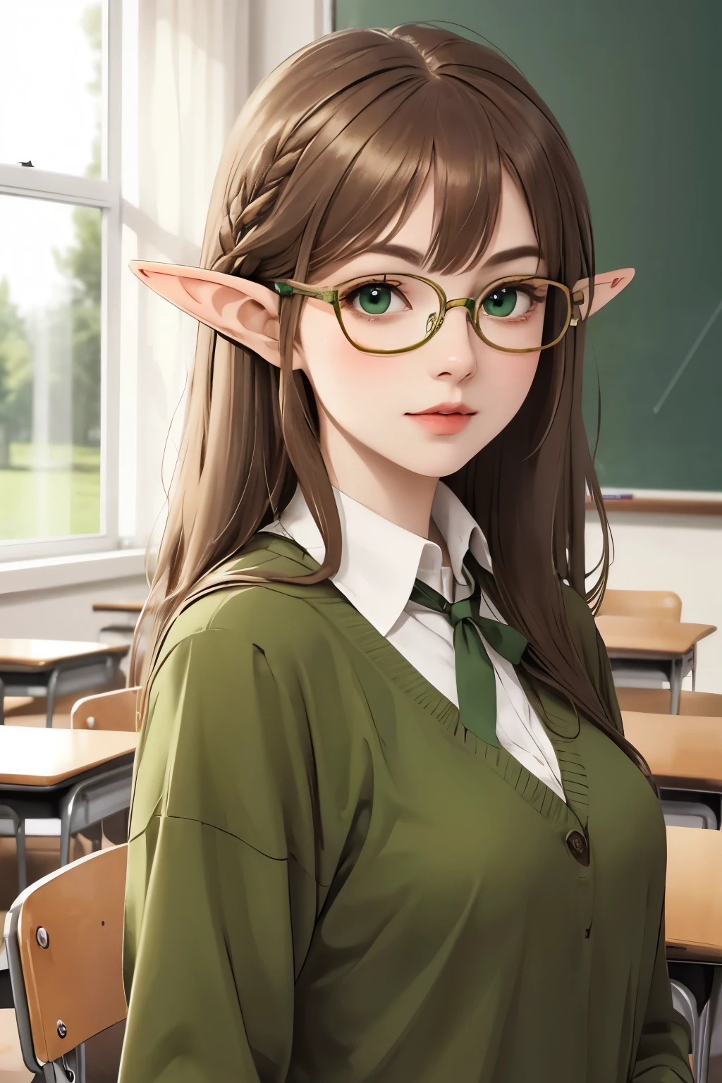 ((best quality)), ((masterpiece)), (detailed), perfect face, brown hair, long hair, short elf ears, glasses, green eyes, girl as a teacher, in classroom, short ears