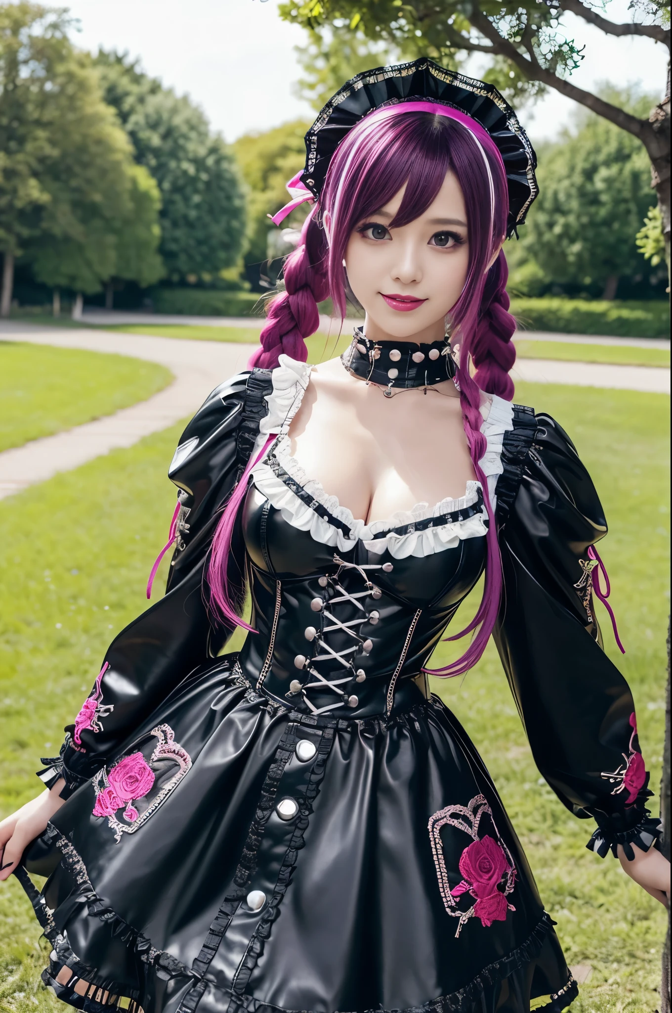 sexy stylish female model, only 1 female, ((doll-like appearance)), long dramatic stylish hair, ((shiny Punk-Style boots)), (big smile), ultra detailed eyes, Punk makeup, lipgloss, ((sexy Punk ta cosplay)), unconventional skirt, petticoats, high neckline, ((ultra detailed lace)), ((ultra detailed embroidery)), intricate details, tartan patterns, safety pins, Punk Loliccessoires, Punk Lolita cr, ((large sparkling Punk Lolita jewel, cinematic light, detailed large park background with trees