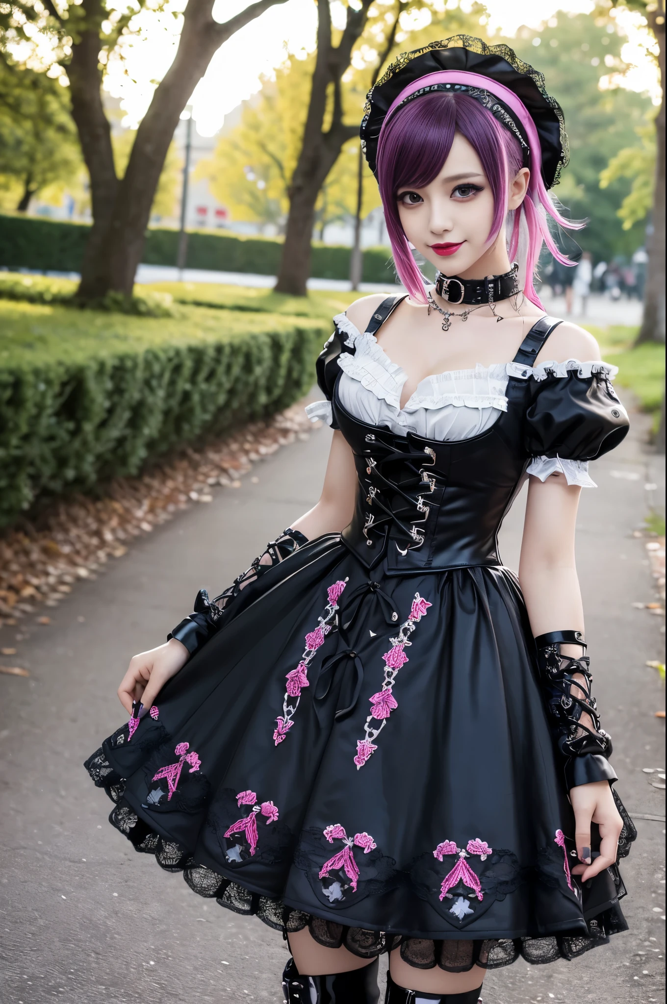 sexy stylish female model, only 1 female, ((doll-like appearance)), long dramatic stylish hair, ((shiny Punk-Style boots)), (big smile), ultra detailed eyes, Punk makeup, lipgloss, ((sexy Punk Lolita cosplay)), unconventional skirt, petticoats, high neckline, ((ultra detailed lace)), ((ultra detailed embroidery)), intricate details, tartan patterns, safety pins, Punk Lolita accessoires, Punk Lolita choker, ((large sparkling Punk Lolita jewelry)), cinematic light, detailed large park background with trees 