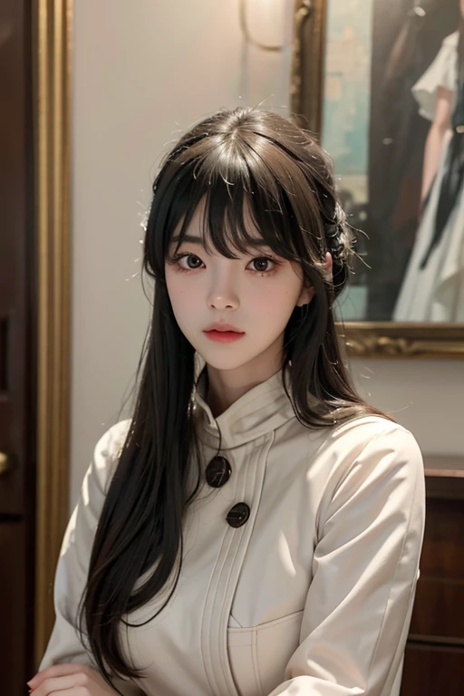 a beautiful young girl with large, expressive eyes, delicate facial features, and fluffy chestnut hair posing confidently while wearing a Spy x Family Yol Forger costume, the image captured as a high-quality, realistic SLR photograph with exceptional detail, vivid colors, and perfect balance, showcasing the girl's striking beauty and the intricate costume design, the lighting and composition drawing the viewer's attention to the subject's captivating gaze.