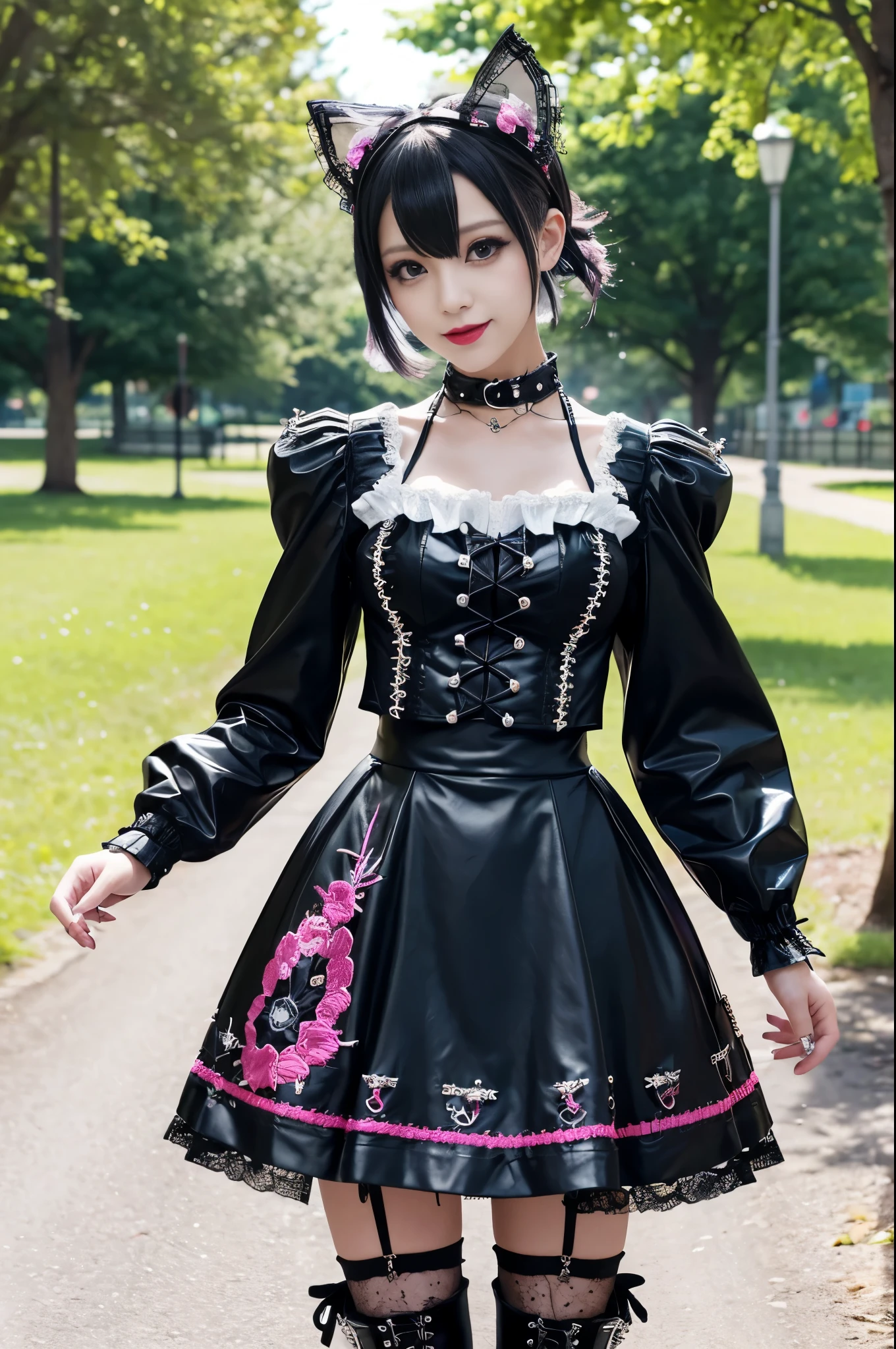 sexy stylish female model, only 1 female, ((doll-like appearance)), long dramatic stylish hair, ((shiny Punk-Style boots)), (big smile), ultra detailed eyes, Punk makeup, lipgloss, ((sexy Punk Lolita cosplay)), unconventional skirt, petticoats, high neckline, ((ultra detailed lace)), ((ultra detailed embroidery)), intricate details, tartan patterns, safety pins, Punk Lolita accessoires, Punk Lolita choker, ((large sparkling Punk Lolita jewelry)), cinematic light, detailed large park background with trees 