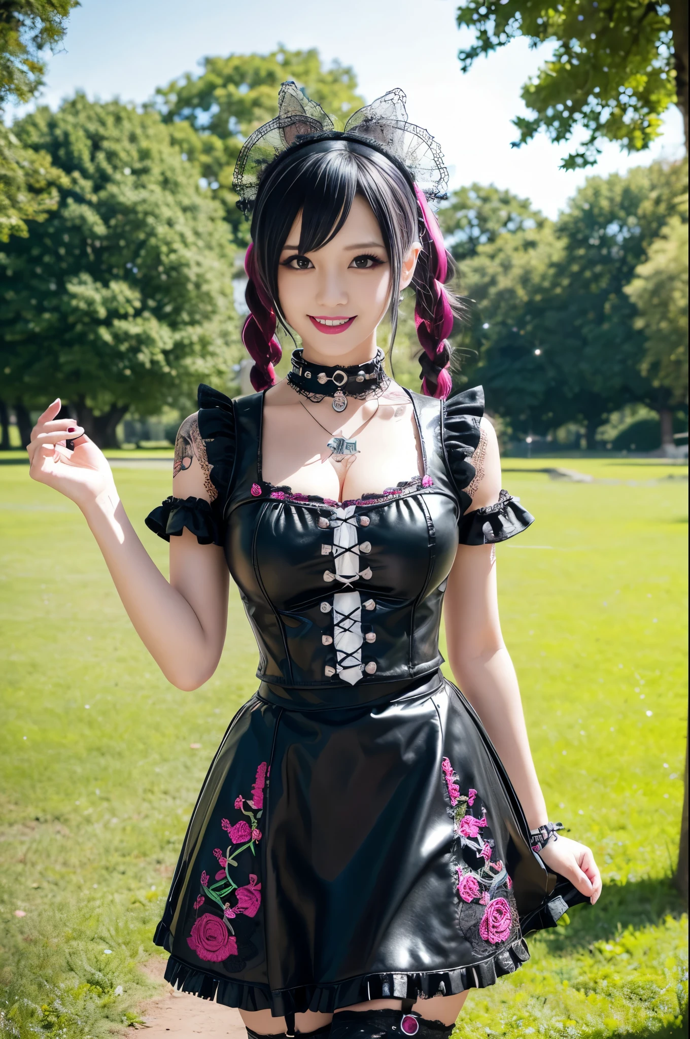 sexy stylish female model, only 1 female, ((doll-like appearance)), long dramatic stylish hair, ((shiny Punk-Style boots)), (big smile), ultra detailed eyes, Punk makeup, lipgloss, ((sexy Punk Lolita cosplay)), unconventional skirt, petticoats, high neckline, ((ultra detailed lace)), ((ultra detailed embroidery)), intricate details, tartan patterns, safety pins, Punk Lolita accessoires, Punk Lolita choker, ((large sparkling Punk Lolita jewelry)), cinematic light, detailed large park background with trees