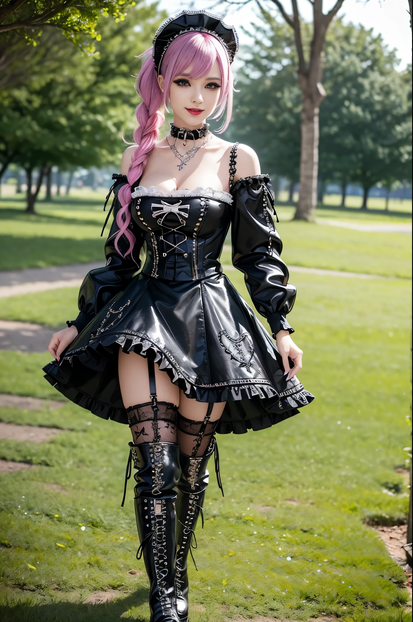 sexy stylish female model, only 1 female, ((doll-like appearance)), long dramatic stylish hair, ((shiny Punk-Style boots)), (big smile), ultra detailed eyes, Punk makeup, lipgloss, ((sexy Punk Lolita cosplay)), unconventional skirt, petticoats, high neckline, ((ultra detailed lace)), ((ultra detailed embroidery)), intricate details, tartan patterns, safety pins, Punk Lolita accessoires, Punk Lolita choker, ((large sparkling Punk Lolita jewelry)), cinematic light, detailed large park background with trees 