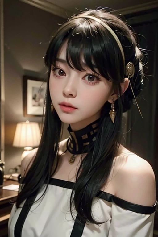 a beautiful young girl with large, expressive eyes, delicate facial features, and fluffy chestnut hair posing confidently while wearing a Spy x Family Yol Forger costume, the image captured as a high-quality, realistic SLR photograph with exceptional detail, vivid colors, and perfect balance, showcasing the girl's striking beauty and the intricate costume design, the lighting and composition drawing the viewer's attention to the subject's captivating gaze.