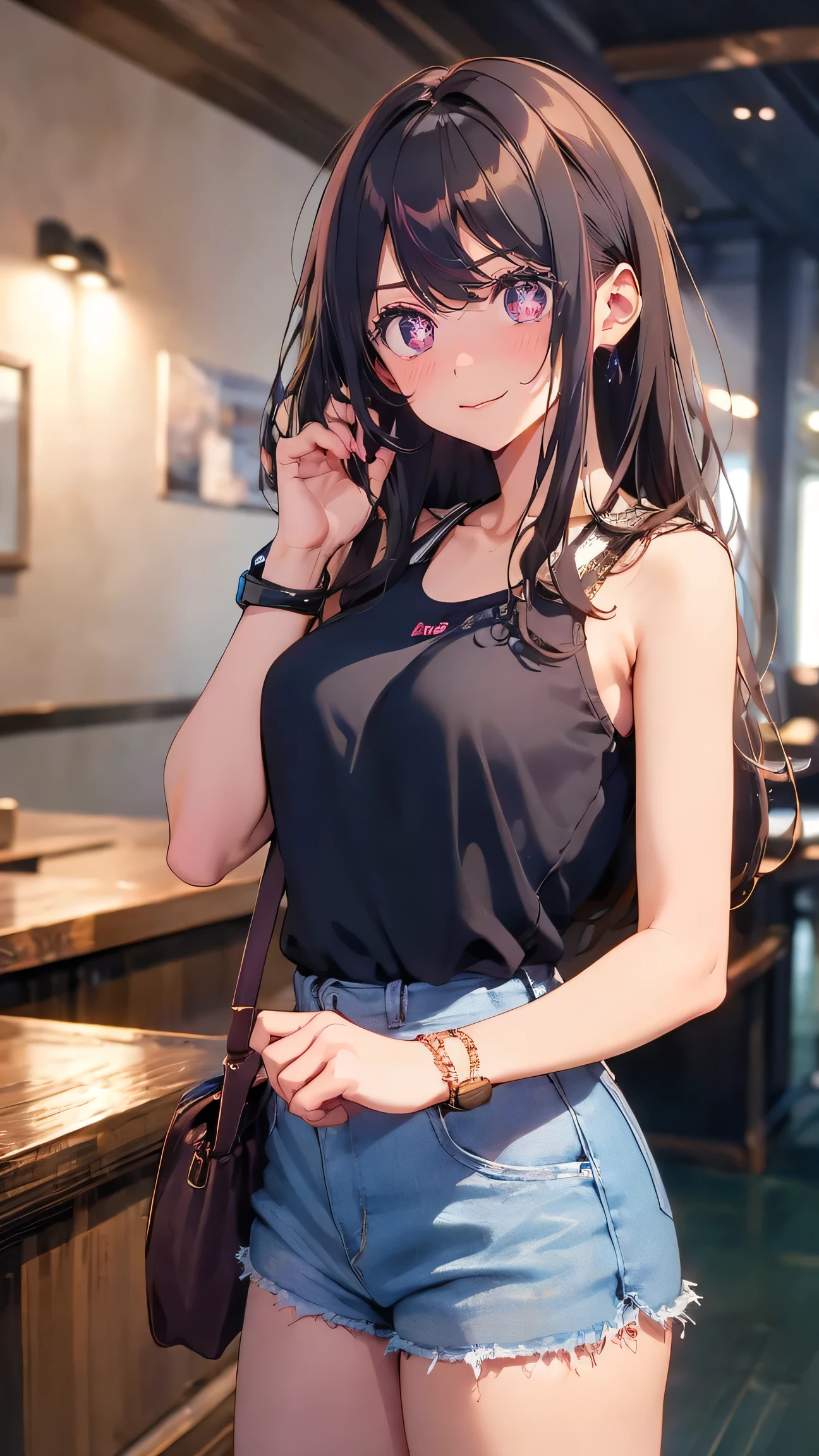 (masterpiece, best quality, ultra-detailed, highres, 4k),(beautiful detailed eyes),(very detailed face),(1girl),HDR,long hair, shorts, phone, brown eyes, brown hair, cellphone, bracelet, tank top, jewelry, watch, lips, solo focus, nail polish, blurry background, smile, wristwatch, realistic, blurry, looking at viewer