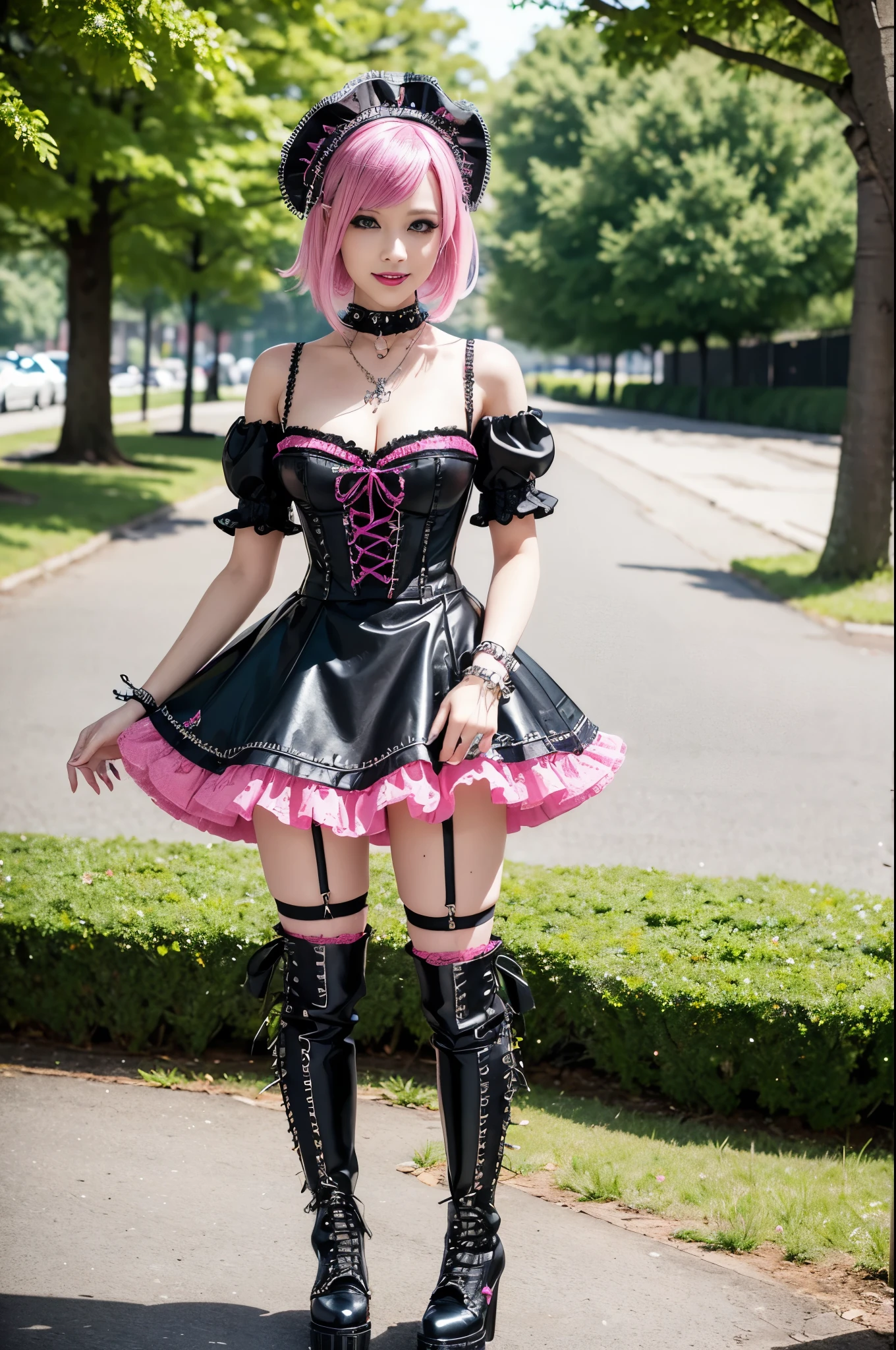 sexy stylish Swedish model, only 1 female, ((doll-like appearance)), short neon pink stylish hair, ((shiny Punk-Style boots)), (big smile), ultra detailed eyes, Punk makeup, lipgloss, ((sexy Punk Lolita cosplay)), unconventional skirt, petticoats, high neckline, ((ultra detailed lace)), ((ultra detailed embroidery)), intricate details, tartan patterns, safety pins, Punk Lolita accessoires, Punk Lolita choker, ((large sparkling Punk Lolita jewelry)), cinematic light, detailed large park background with trees