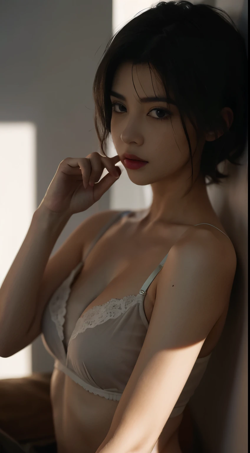 Best quality, masterpiece, ultra high res, (photorealistic:1.5), raw photo, 1girl,, in the dark, deep shadow, low key, cold light, sexy look, short hair, smooth , sexy , leaf shadow, black badge bra, sheer top