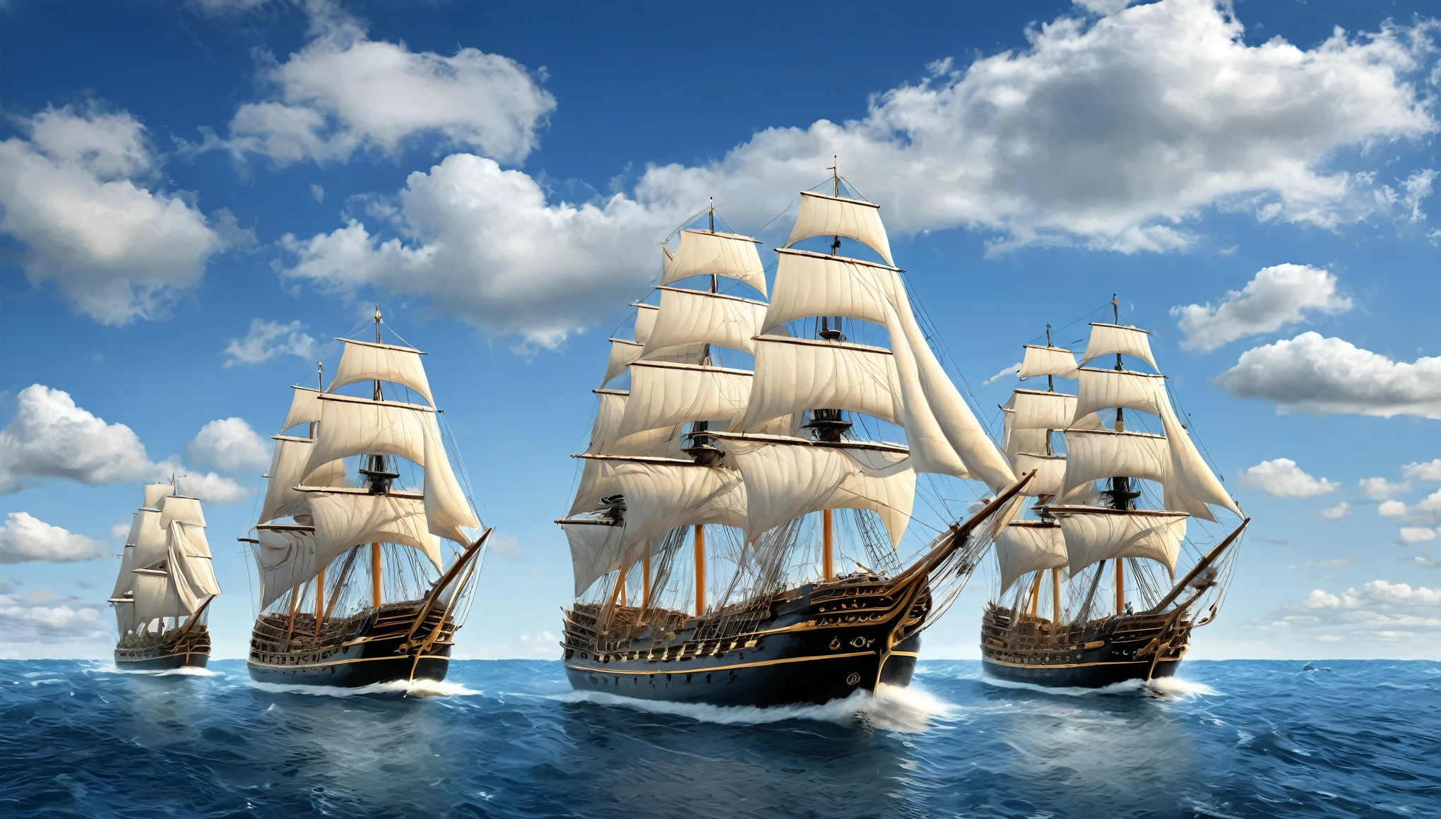A photorealistic depiction of a fleet of grand sailing ships navigating the ocean. The scene features a bright blue sky with scattered clouds and detailed ships with intricate rigging and billowing sails.