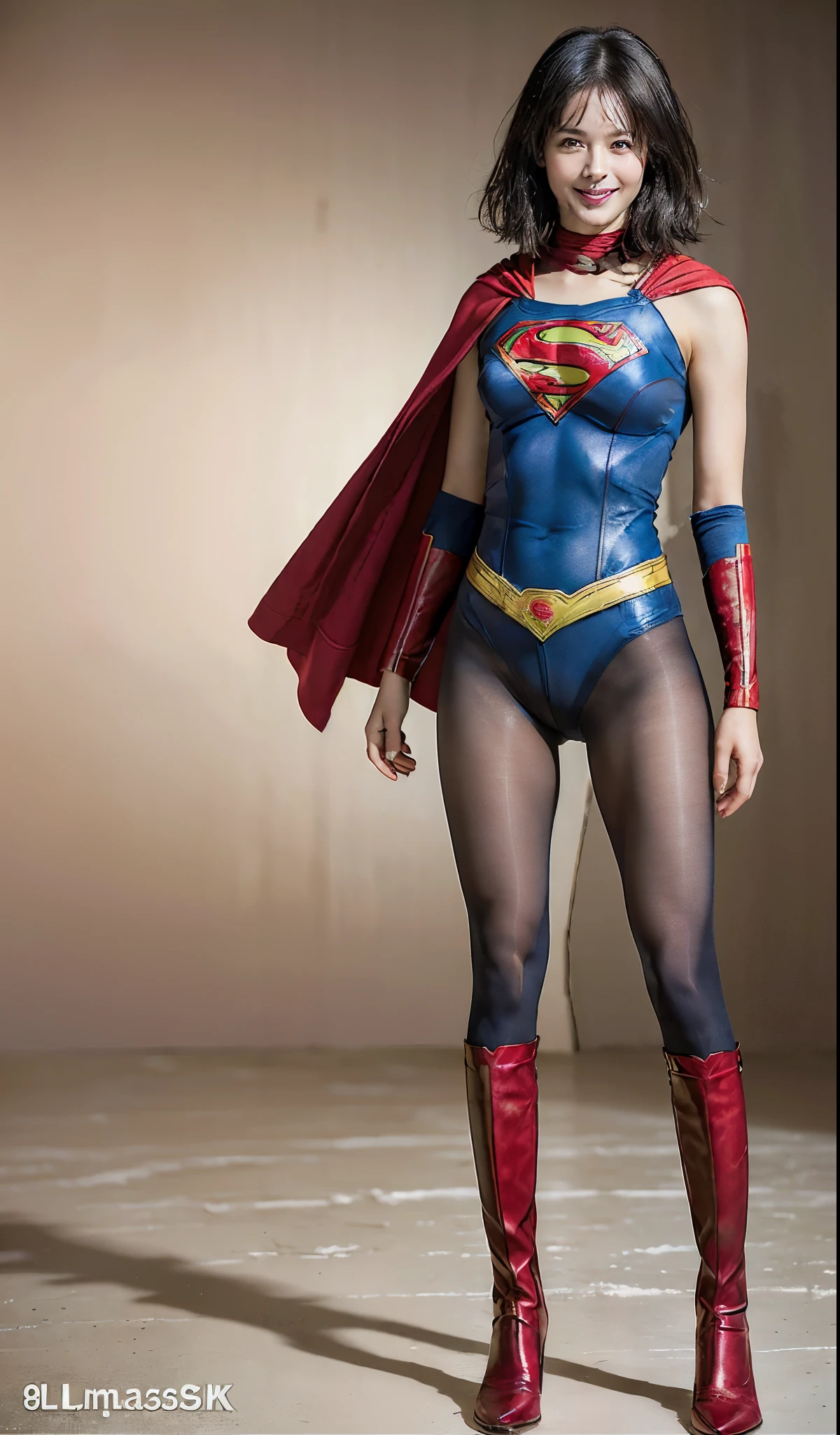 No background、(((Beautiful legs in black tights.)))、(((Legally express the beauty of your smile)))、((((Make the most of your original images)))、(((体にぴったりフィットするSupergirl Costume)))、(((Supergirl Costume)))、(((Beautiful Short Hair)))、(((She is winking cutely.)))、(((Please wear black tights....、Wear red boots)))、((Best image quality、8k))、((highest quality、8k、masterpiece:1.3))、(((Preserve background )))、Sharp focus:1.2、Beautiful woman with perfect figure:1.4、Slim Abs:1.2、Wet body:1.5、Highly detailed face and skin texture、8k