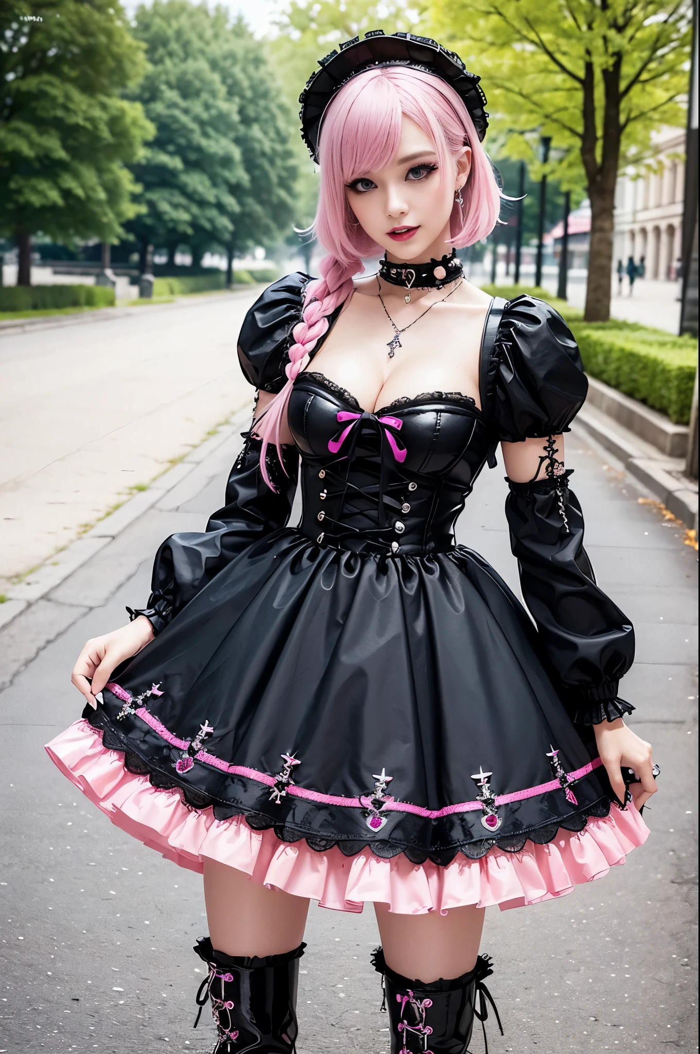 sexy stylish Swedish model, only 1 female, ((doll-like appearance)), short neon pink stylish hair, ((shiny Punk-Style boots)), (big smile), ultra detailed eyes, Punk makeup, lipgloss, ((sexy Punk Lolita cosplay)), unconventional skirt, petticoats, high neckline, ((ultra detailed lace)), ((ultra detailed embroidery)), intricate details, tartan patterns, safety pins, Punk Lolita accessoires, Punk Lolita choker, ((large sparkling Punk Lolita jewelry)), cinematic light, detailed large park background with trees